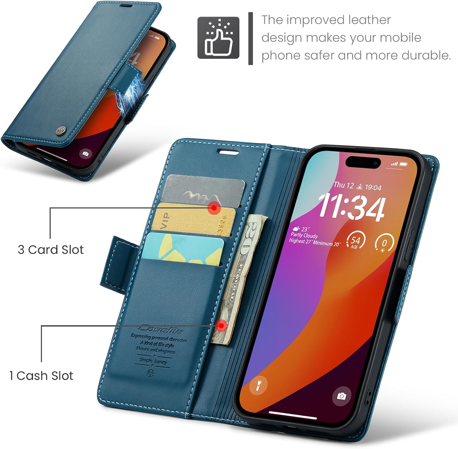 Compatible con iPhone 15 Pro Max, funda de piel sintética con tapa y soporte para tarjetas con bloqueo RFID carcasa interior de TPU a prueba de