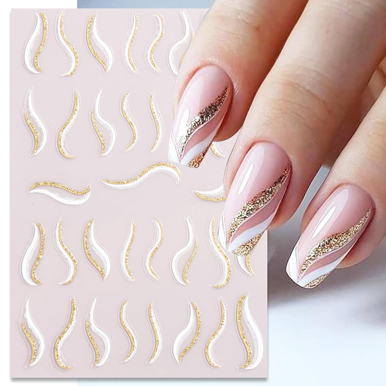 Calcomanías de uñas de otoño, líneas de plumas brillantes, calcomanías de arte para uñas, accesorios de uñas con purpurina dorada, 3D,