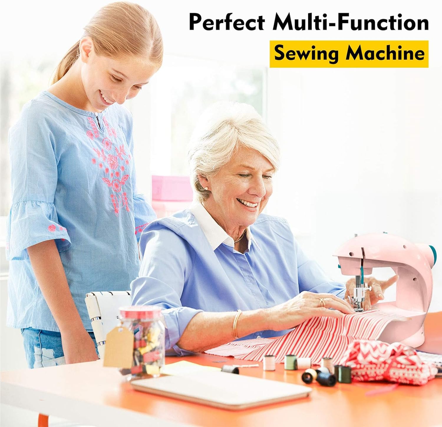 Mini máquina de coser para principiantes, kit de costura en 64 colores, máquina portátil de doble velocidad con mesa de extensión, luz, viajes, kit
