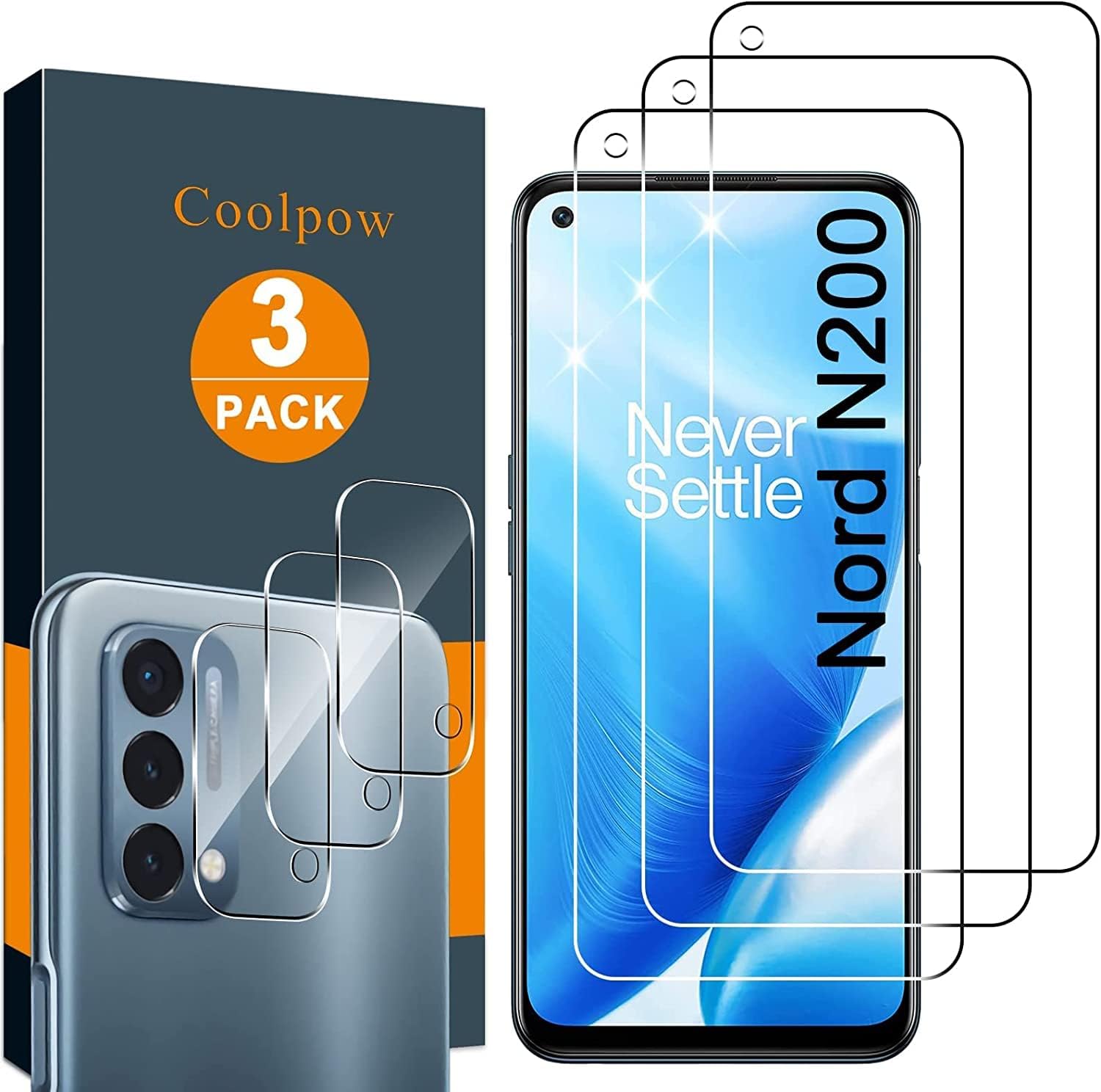 Paquete de 3 + 3 protector de pantalla Coolpow diseñado para Oneplus Nord N200 5G más un protector de pantalla de vidrio templado Nord N200 5G,