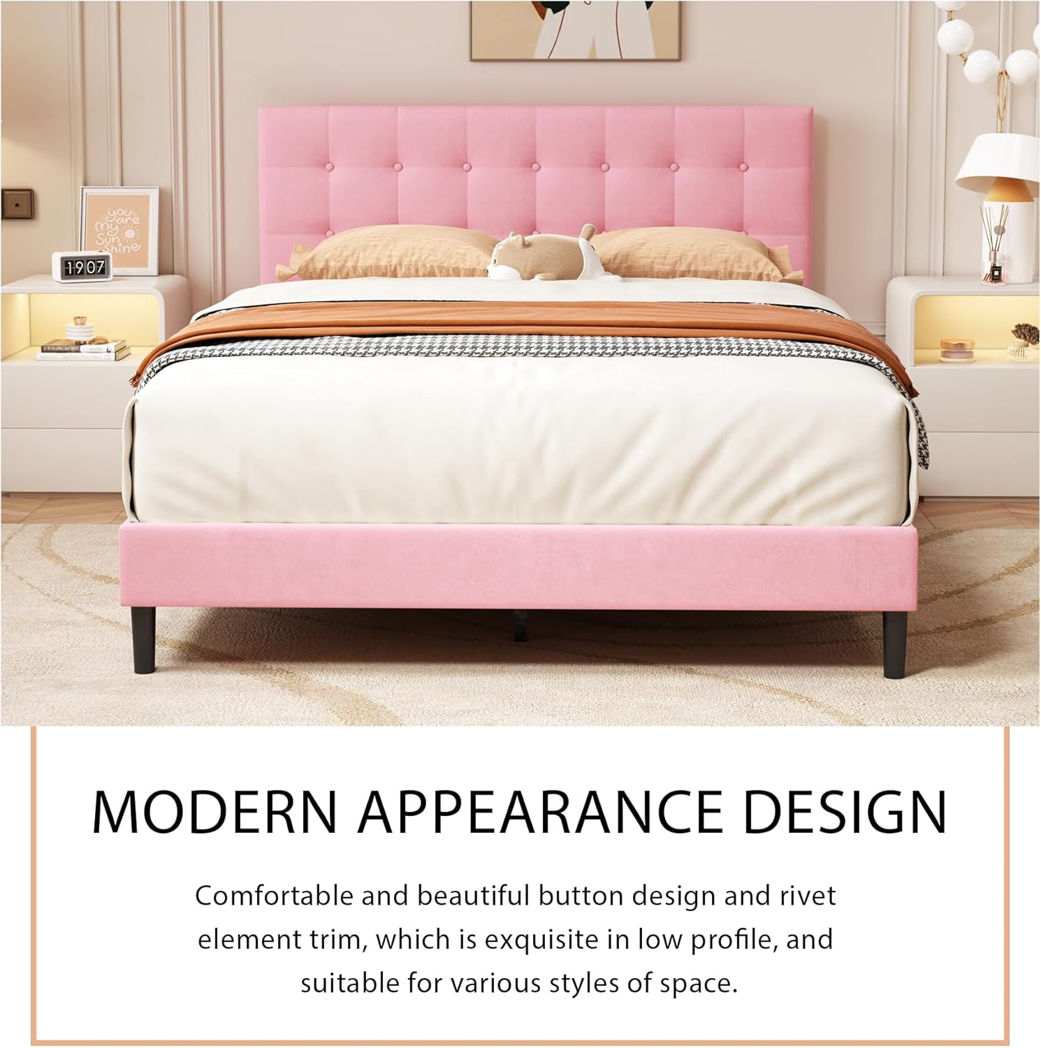 alazyhome Base de cama tapizada de tamaño matrimonial con cabecero de terciopelo capitoné con botones, soporte de listones de madera, fácil montaje,