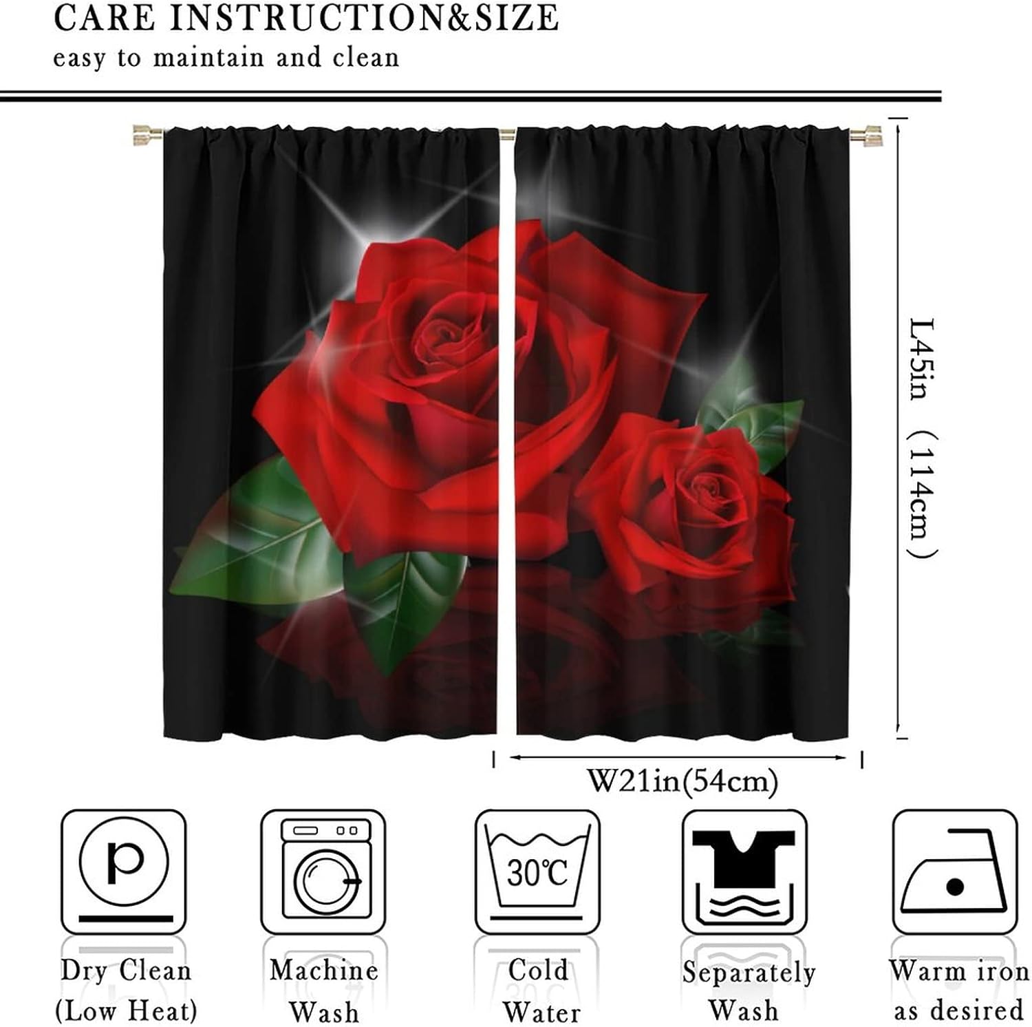 Cortinas de rosas rojas, con estampado romántico de rosas de San Valentín, color rojo burdeos y negro, para mujeres y niñas, decoración del hogar, 2