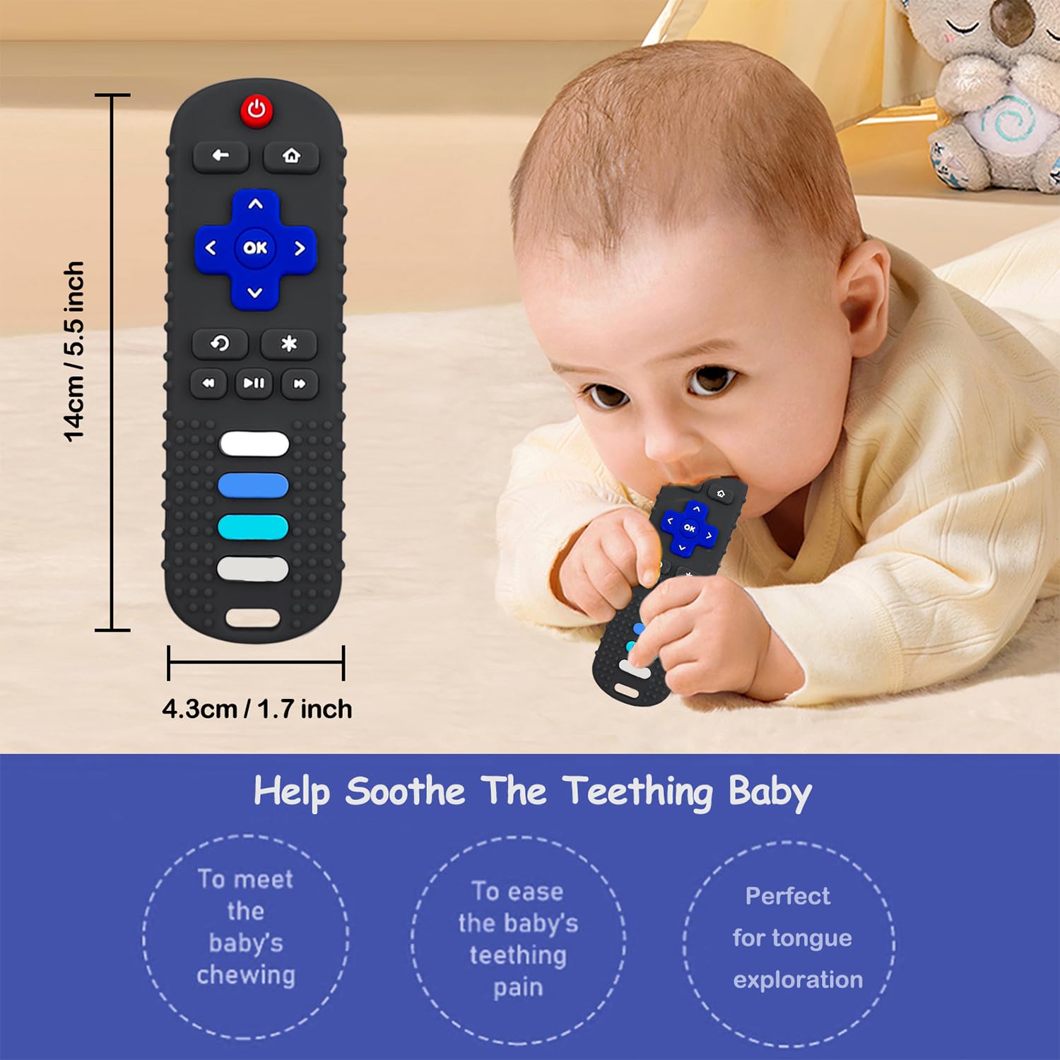 Juguetes de dentición para bebés, mordedor de silicona de grado alimenticio para bebés de 3, 6, 12, 18 meses, forma remota de TV con clip de