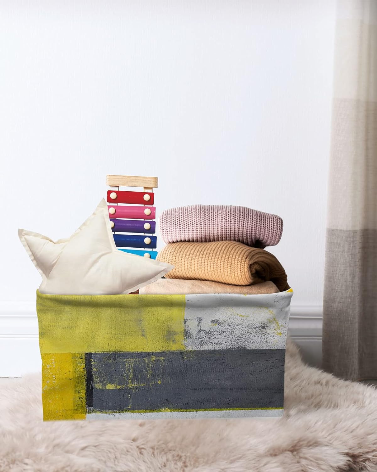 Yellow Grey Storage Basket for Organizing Shelves, Collapsible Storage Bins Boxes with Handle, Modern Oil Painting Geometric Abstract Art Aesthetics