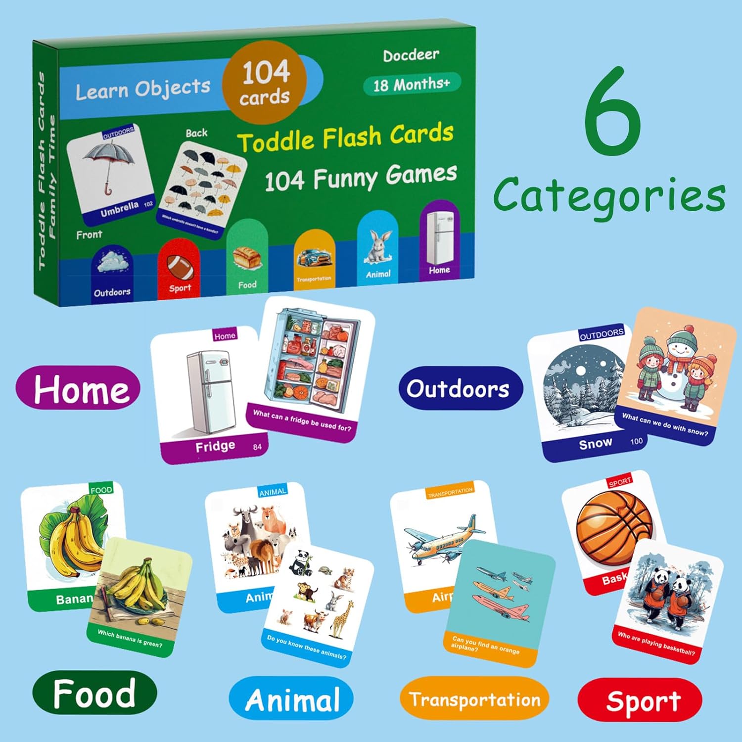 Docdeer Tarjetas didácticas para niños pequeños de 208 lados -104 Objetos de Aprende Alimentos Animales Tarjetas 2 3 4 5 6 7 8