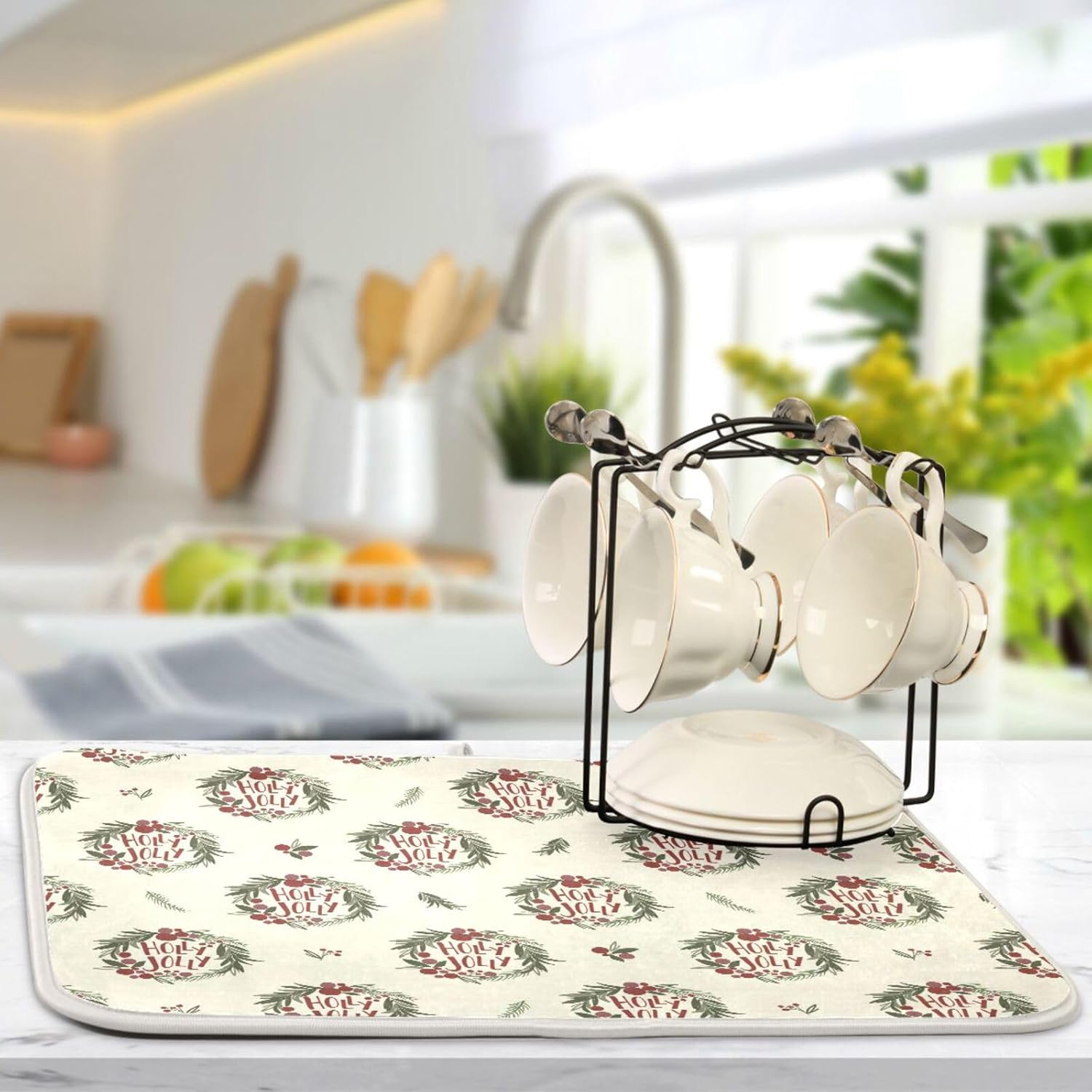 Christmas Wreath Drying Dish Mat Washnable Absorbent Counter Mat Kitchen Dish Drainers Mat Tapete Para Cocina 16” x 18”