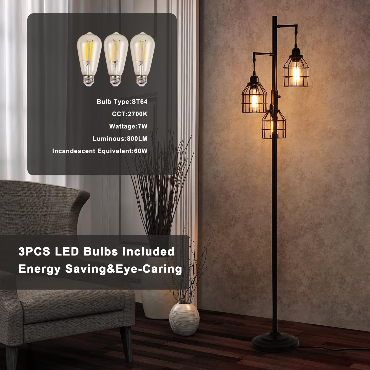 9MMML Lámpara de pie para sala de estar, lámpara de pie industrial regulable de granja, 3 luces de jaula de metal, 68 pulgadas, 3 bombillas LED