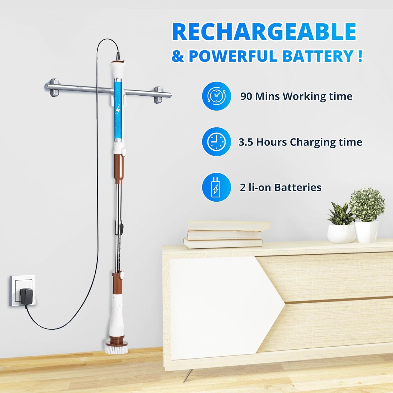 Limpiador eléctrico giratorio, cepillo de limpieza inalámbrico con brazo de extensión ajustable, cabezales de cepillo reemplazables 10 en 1,