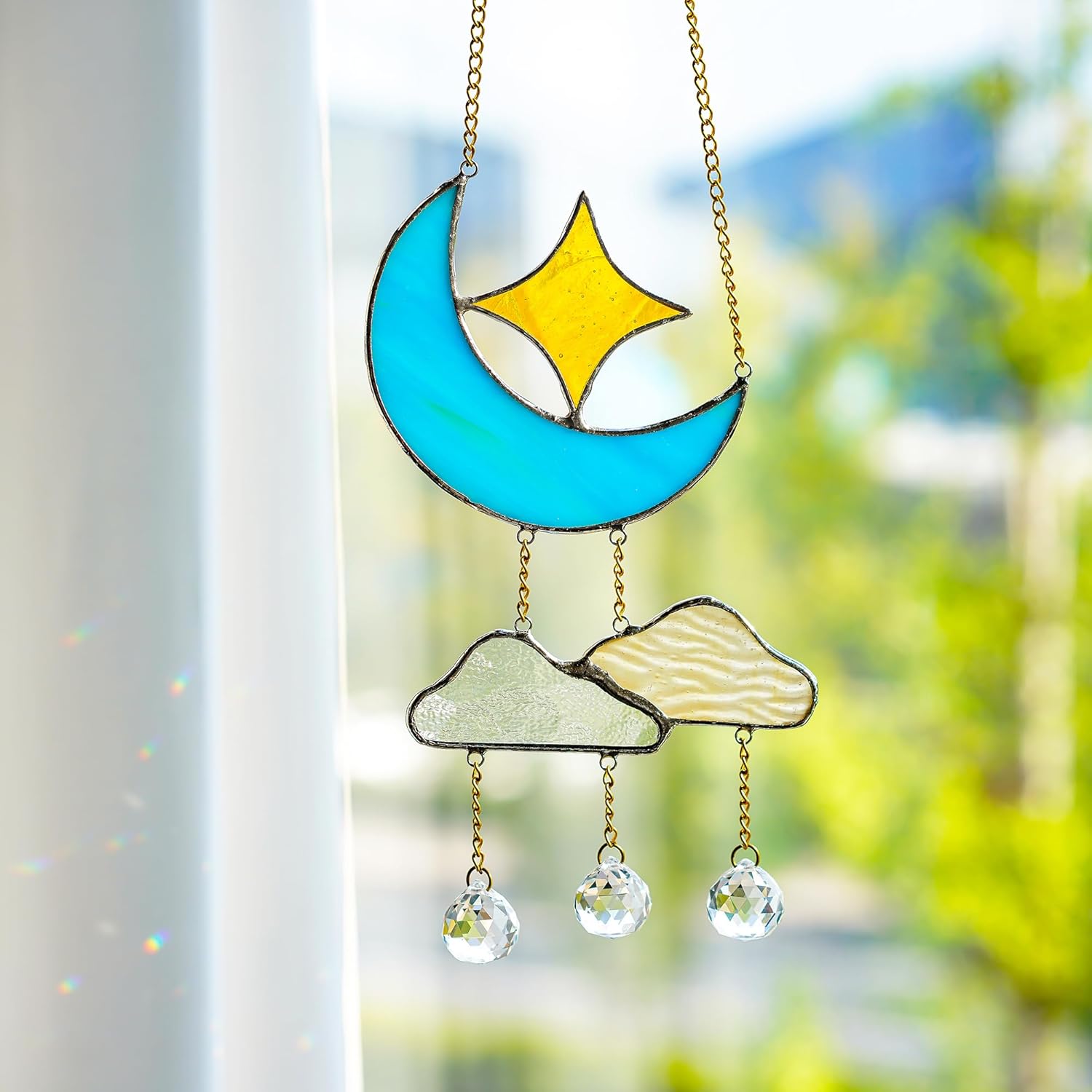 Colgantes de vitrales hechos a mano para luna creciente con nubes de estrellas, decoraciones de prismas de cristal de arco iris, atrapasoles arte de