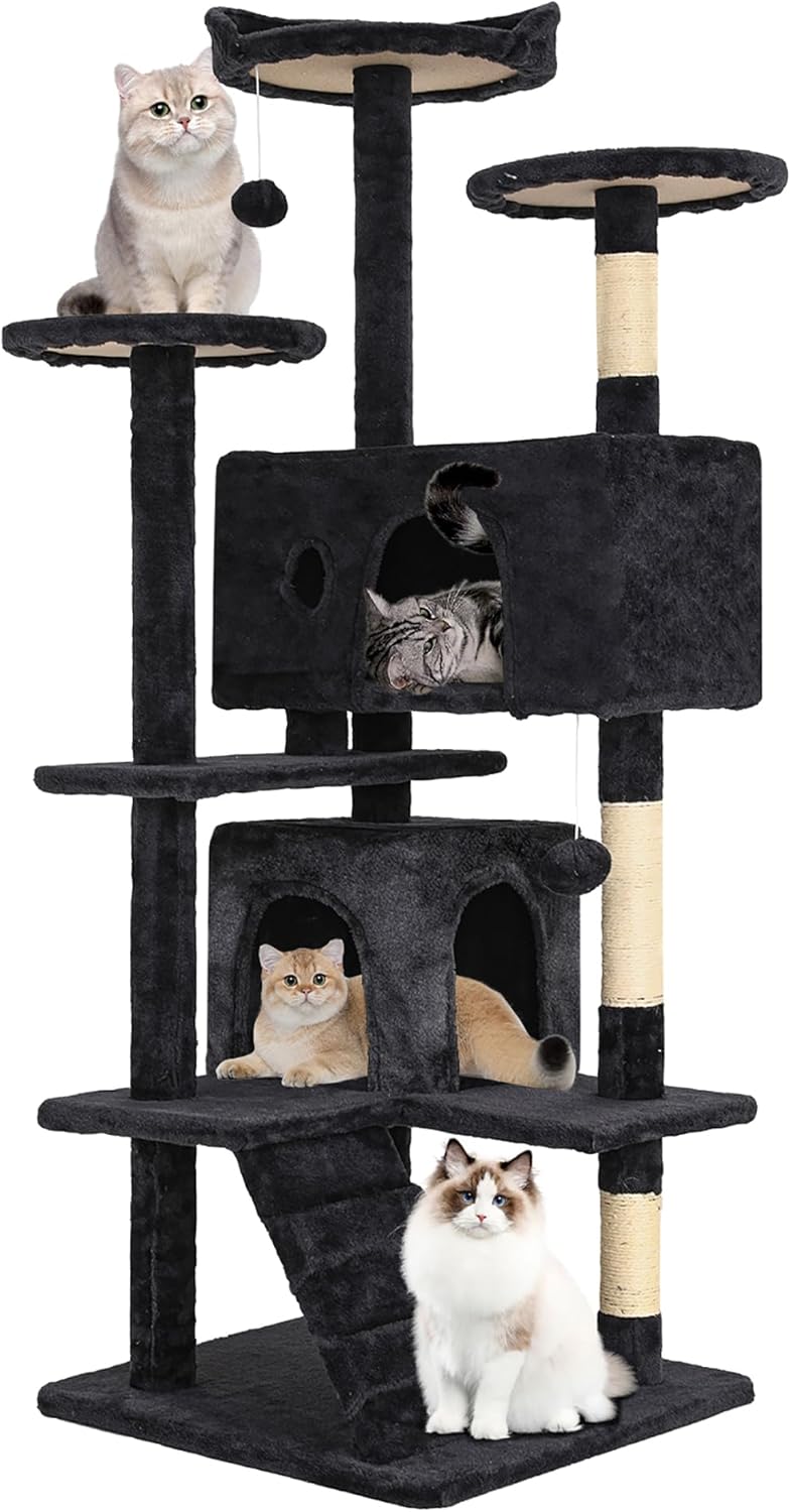 247 Shop at Home Court – Torre de árbol para gatos de interior de 54 pulgadas, varios niveles con postes rascadores para gatos, casa de pie para