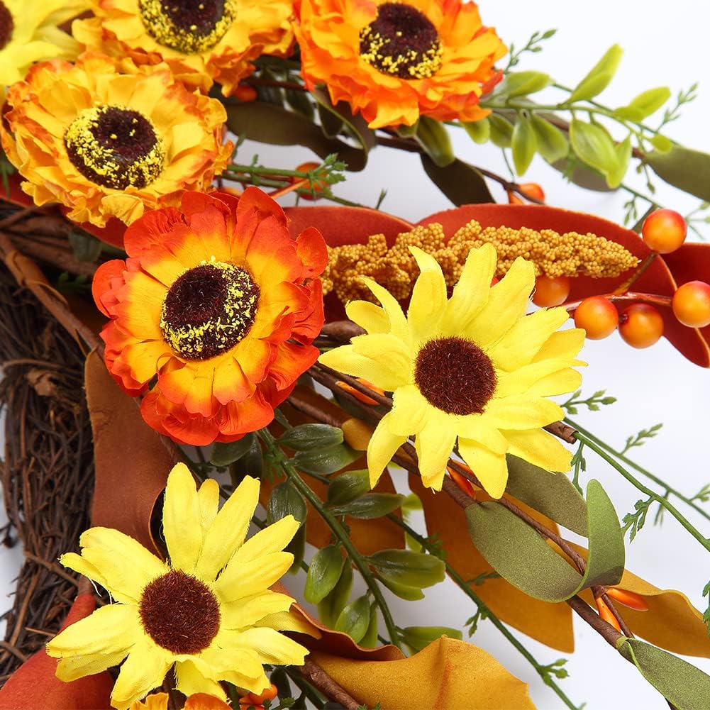Corona artificial de otoño de 20 pulgadas, corona de otoño para puerta delantera, coronas de Acción de Gracias, corona de flores de margarita