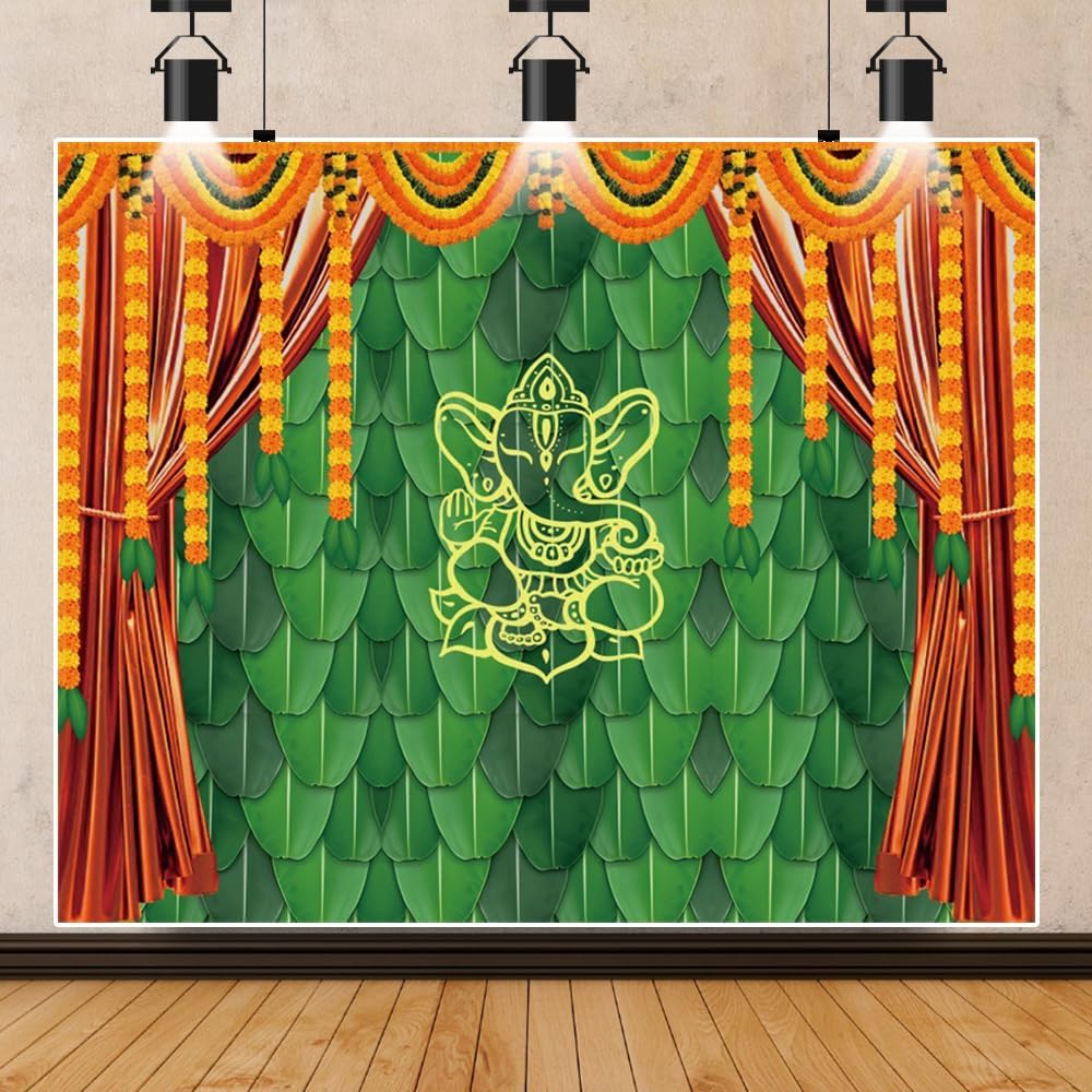 Decoración de fondo indio Pooja para fotografía, 10 x 8 pies, tradicional, indio, festival de Puja Ganpati Mehndi, fondo de fotos de plátano, hojas