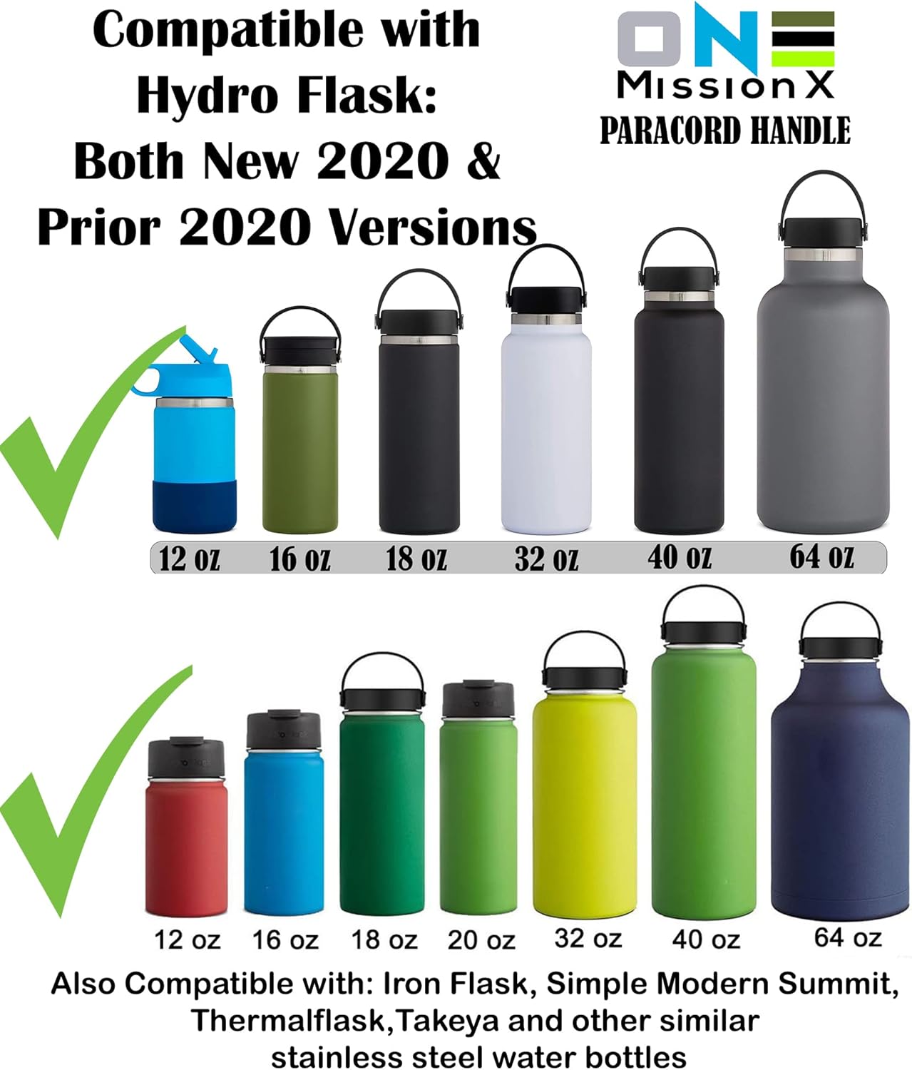 Mango Paracord 2.0 para botellas de agua de boca ancha Hydro Flask, también compatible con frasco de hierro, Simple Modern, Takeya, se adapta a 12