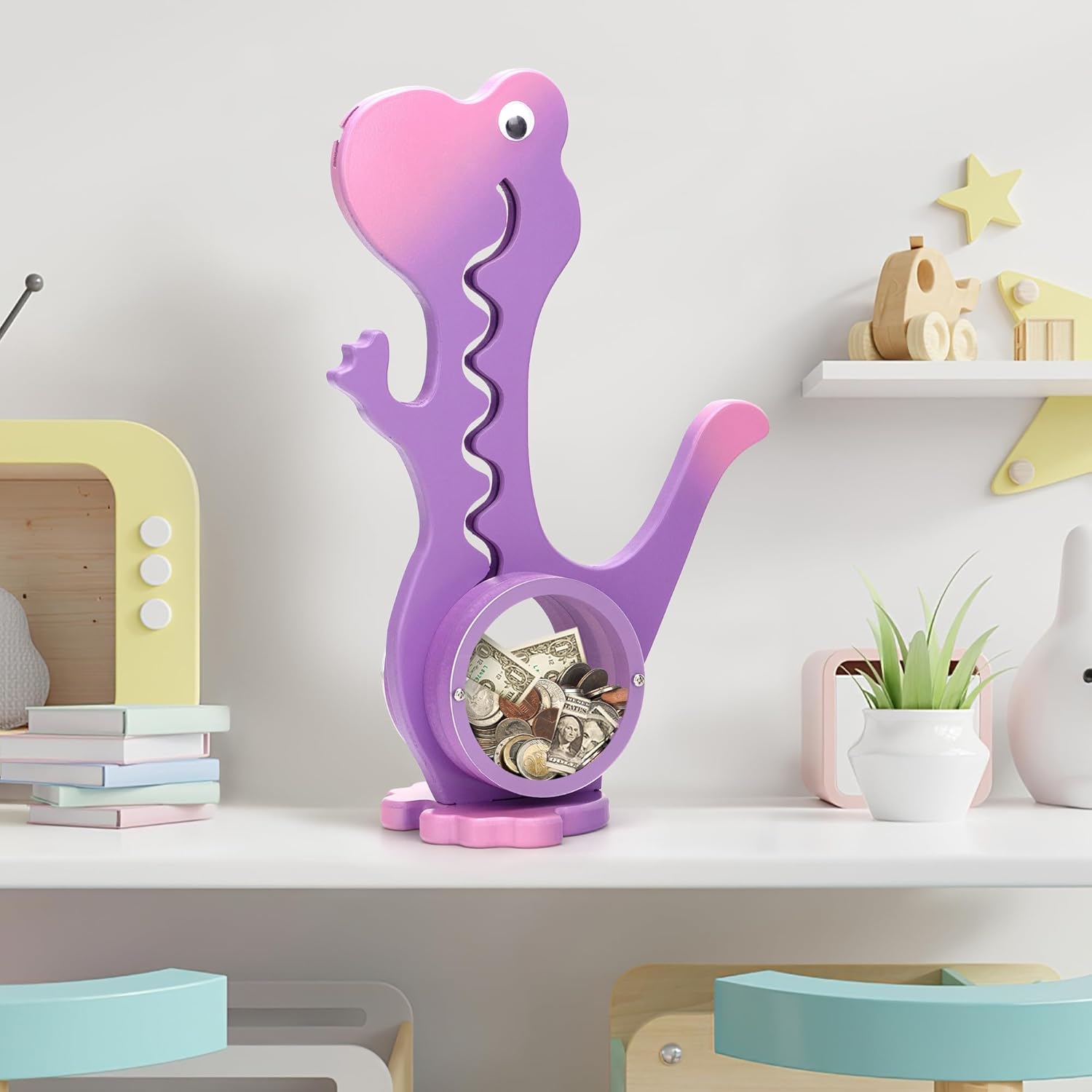 Hucha de dinosaurio de madera Boalord para niños y niñas, banco de monedas de animales de vientre grande transparente para niños pequeños, juguete