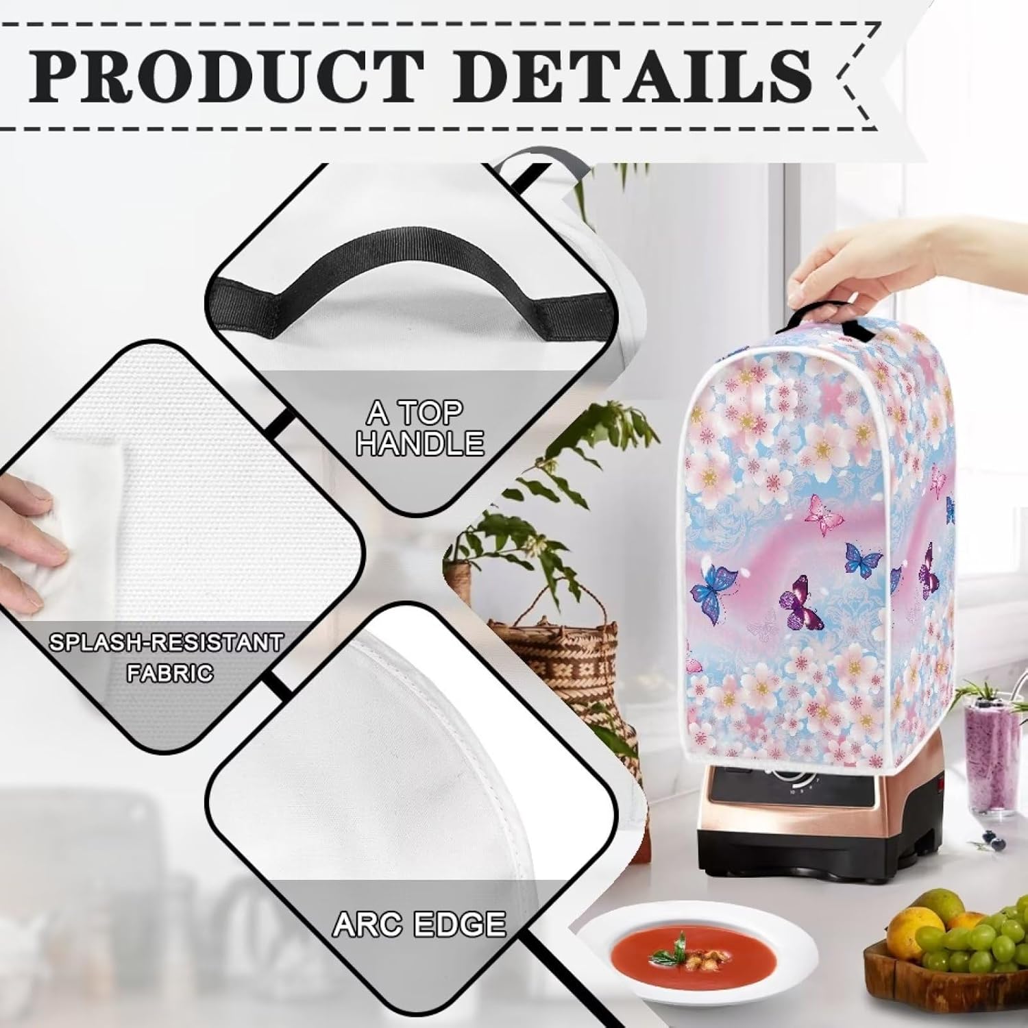 Blossoms – Funda acolchada para licuadora con diseño floral de mariposas para cocina, contra el polvo, huellas dactilares, protección fácil de