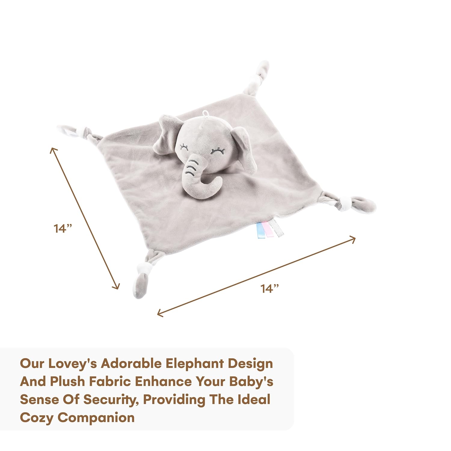 CHILDLIKE BEHAVIOR Manta de mordedor para bebé, diseño de elefante gris, 14 x 14 pulgadas, manta de seguridad para bebés, manta ultrasuave de