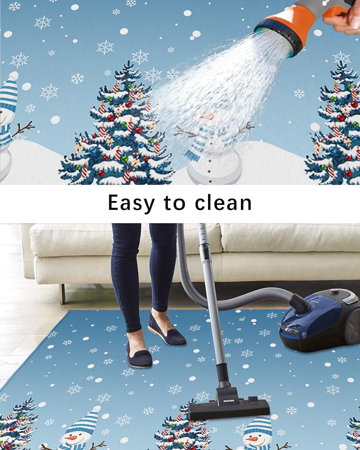 Outdoor Rug Carpet Waterproof 4×6 ft Area Rug, Merry Christmas Snow Xmas Tree Cute Ombre Blue Snowman Snowflake Large Floor Mat for Patio Balcony