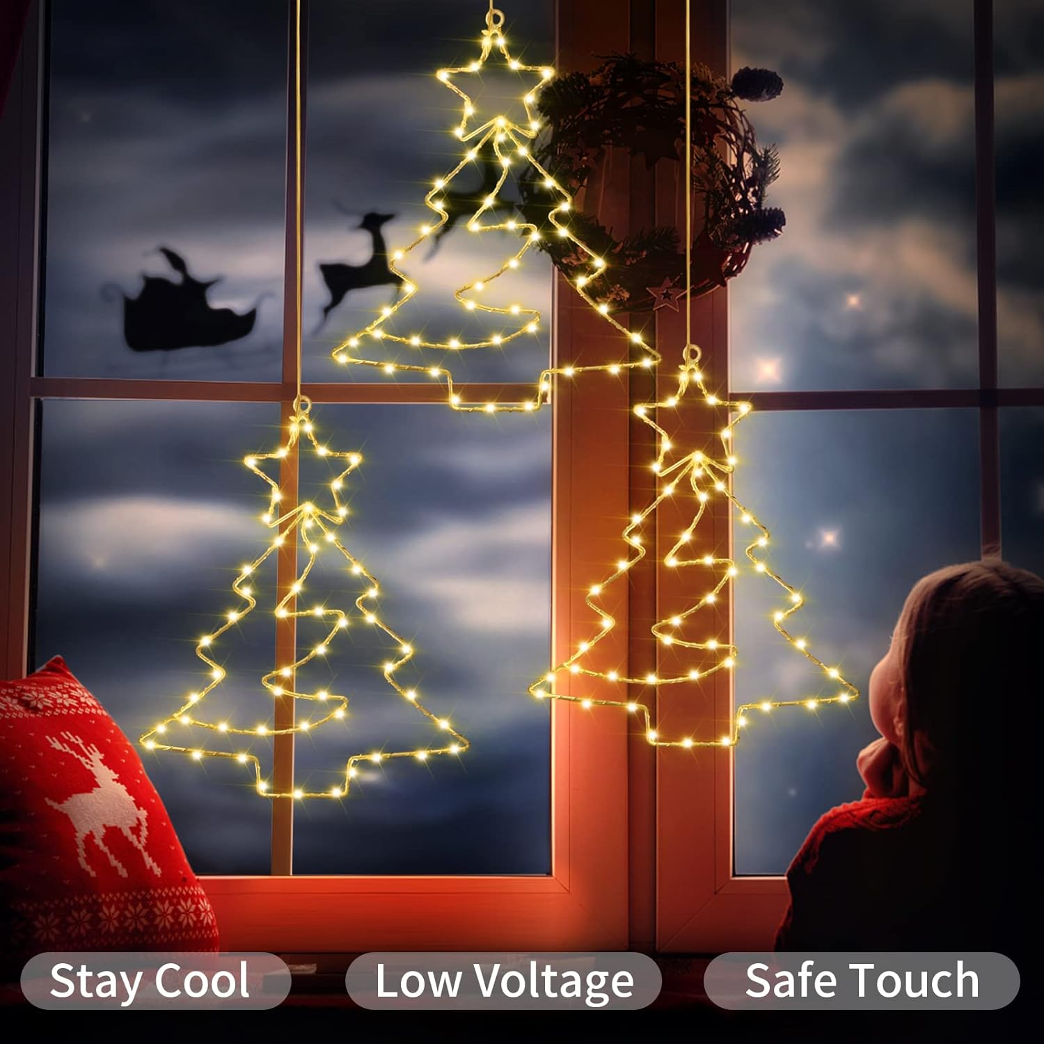 Raymall – 3 luces de ventana de Navidad, 55 LED alimentadas por pilas, luces de silueta de ventana de Navidad con temporizador, 8 modos de