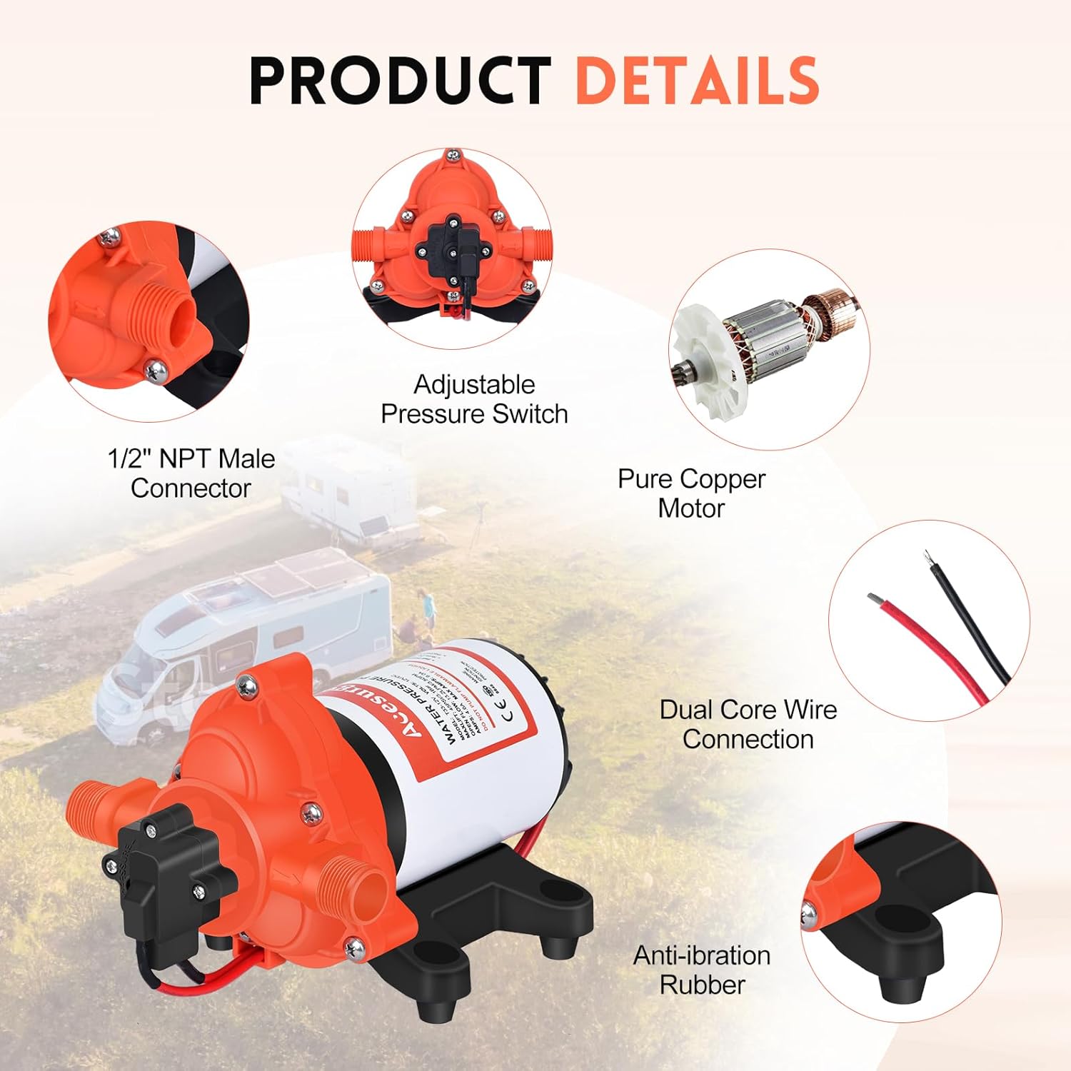 Bomba de transferencia de agua dulce RV de 12 V CC con interruptor de presión de 3.5 GPM 45 PSI, bomba de diafragma de presión de agua a pedido de