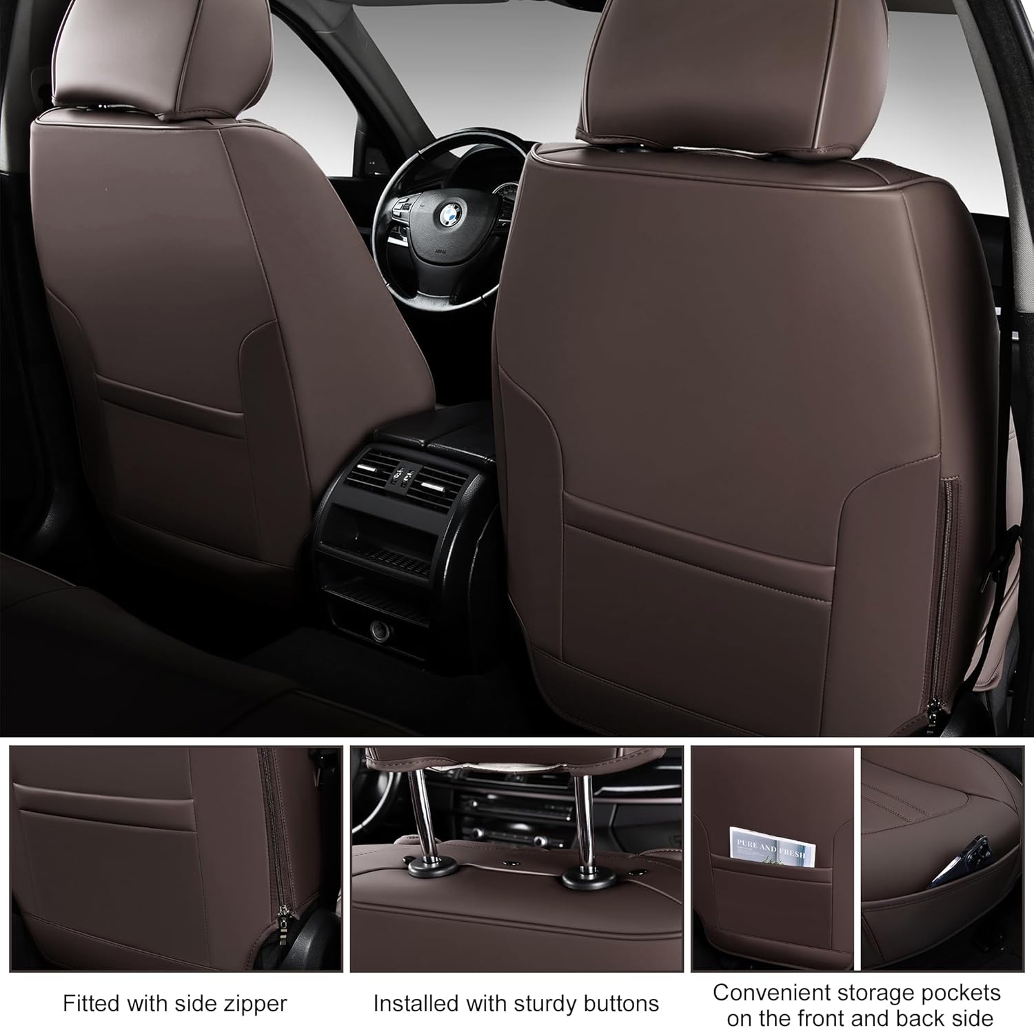 Juego completo de fundas de asiento de coche marrones, fundas de asiento delantero y trasero, 5 piezas, protectores universales de cuero sintético