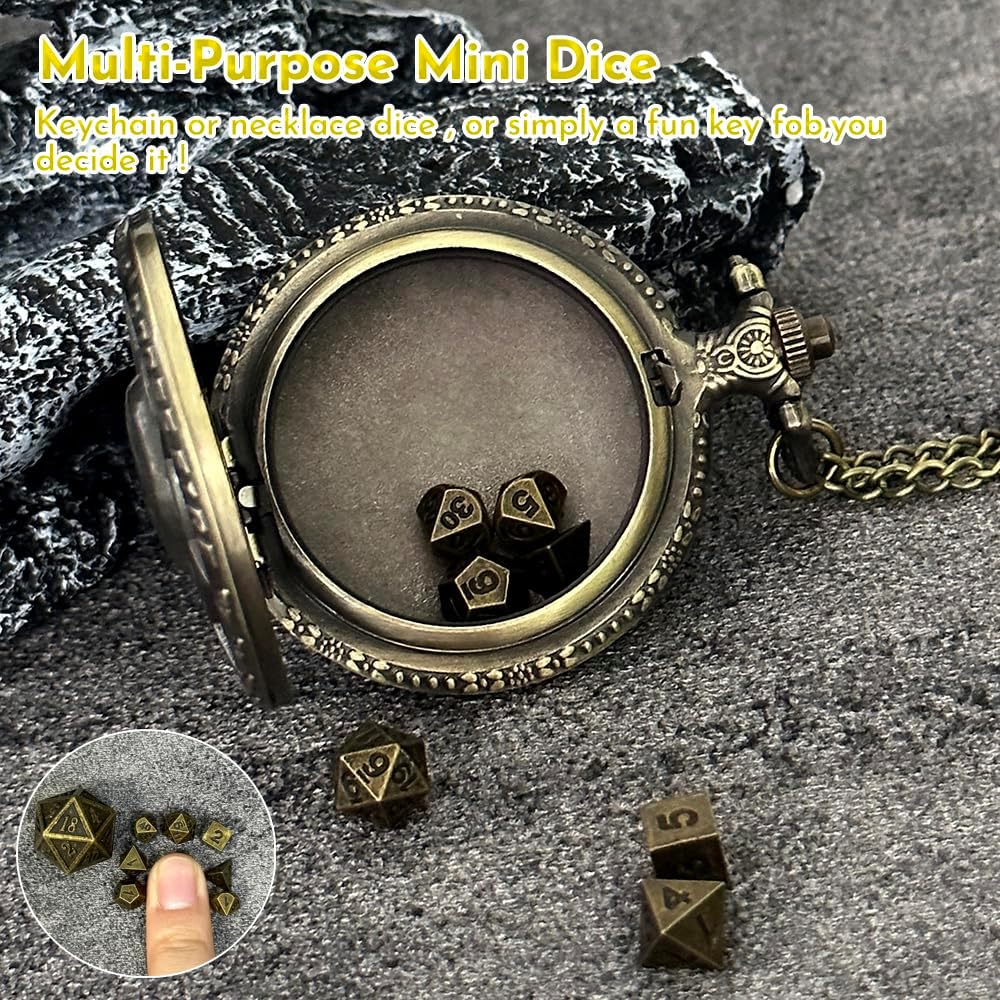 Juego de dados pequeños con estuche de metal para reloj de bolsillo, bolsa de dados para collar, juego de dados DND de metal pequeño antiguo