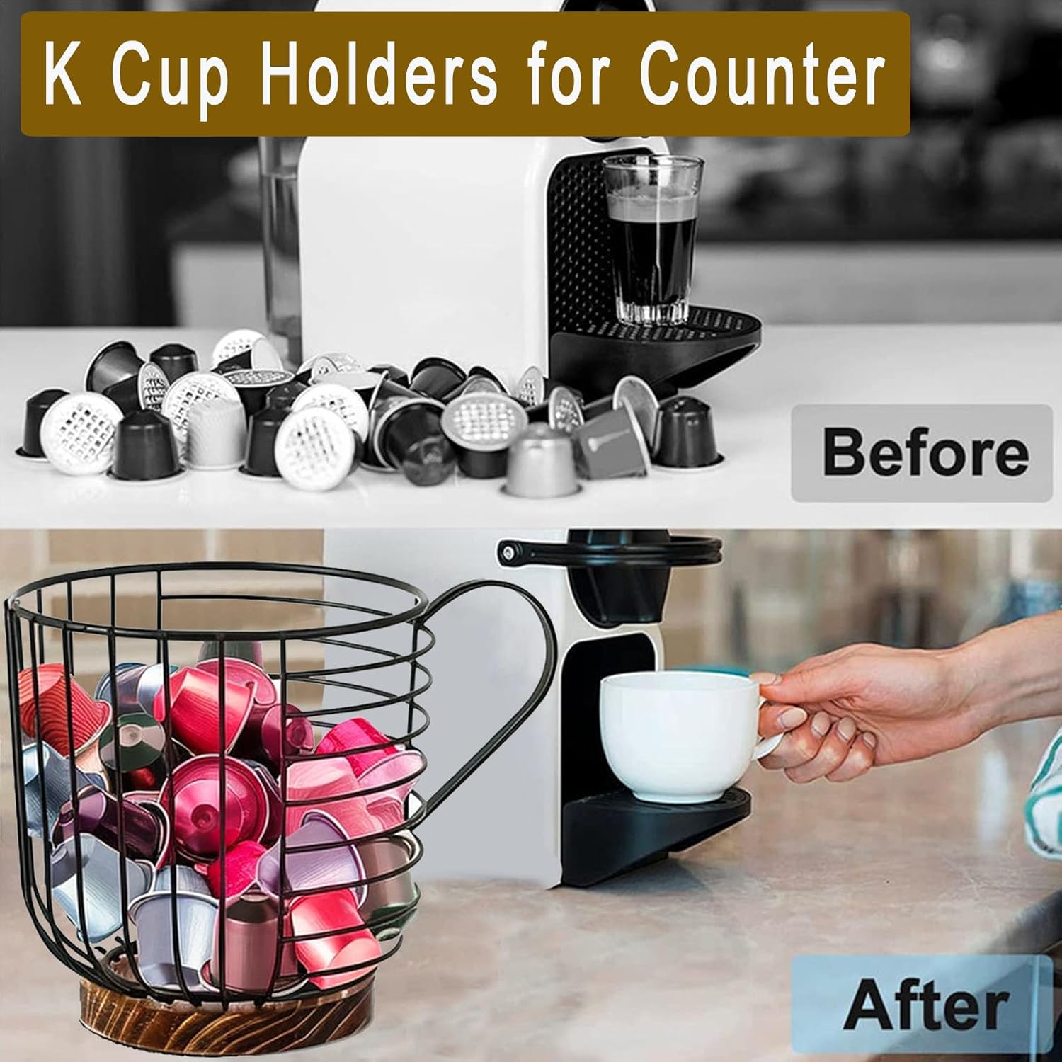 Soporte para cápsulas de café para mostrador, portavasos K para mostrador, soporte para filtro de café con base de madera, organizador de