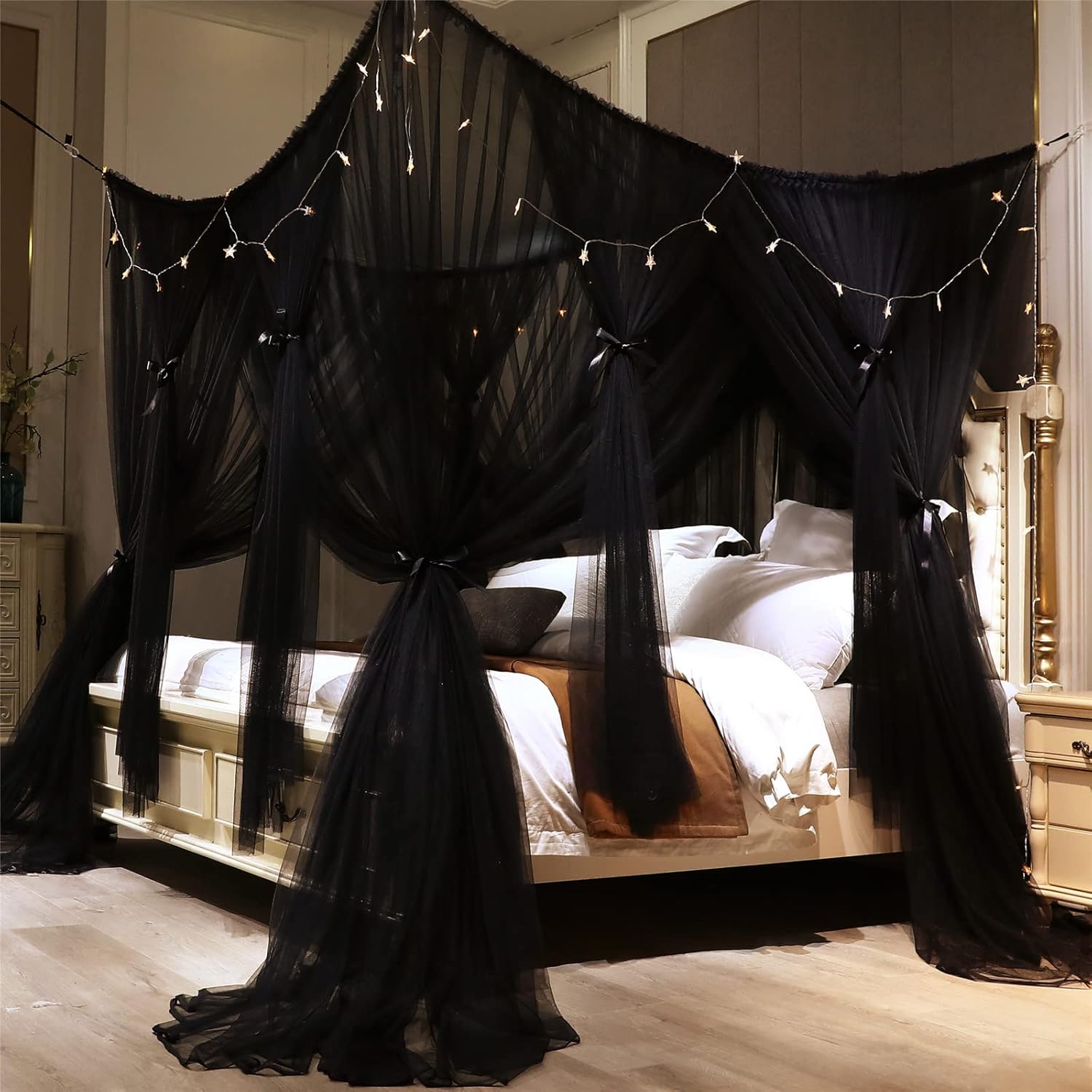 VETHIN 4 Corners Post Princess Bed Canopy Curtain Double Layer Cozy Drape Netting 4 Opening Mosquito Net for Girls & Adults Bedroom Decoration