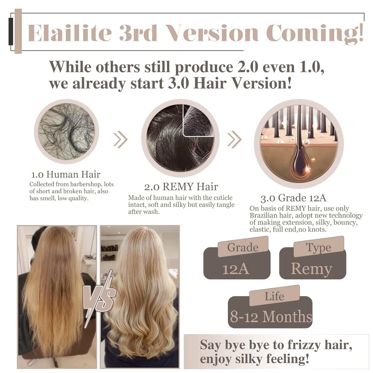 Elailite I Tip – Extensiones de cabello humano V3.0 Itip con queratina en barra unida, cabello real, sedoso, lacio, natural, #4, mezcla de marrón