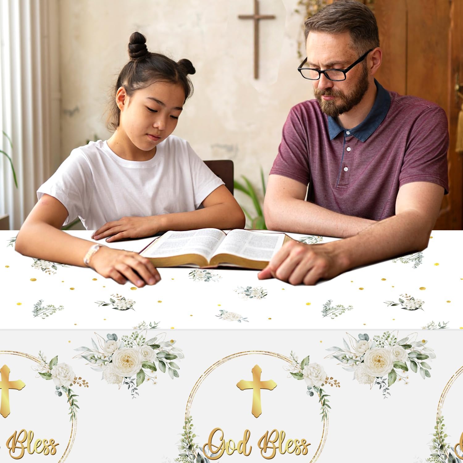 Decoraciones de primera comunión, mantel de bautismo con texto en inglés “God Bless Bautismo”, 3 piezas de mantel blanco para recién nacidos, baby
