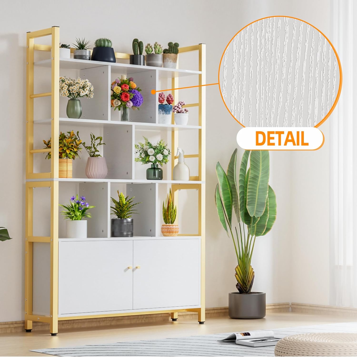 Aquzee Estantería blanca dorada, estantería moderna resistente de 64.2 pulgadas de alto x 39.4 pulgadas de ancho x 11.8 pulgadas de profundidad,