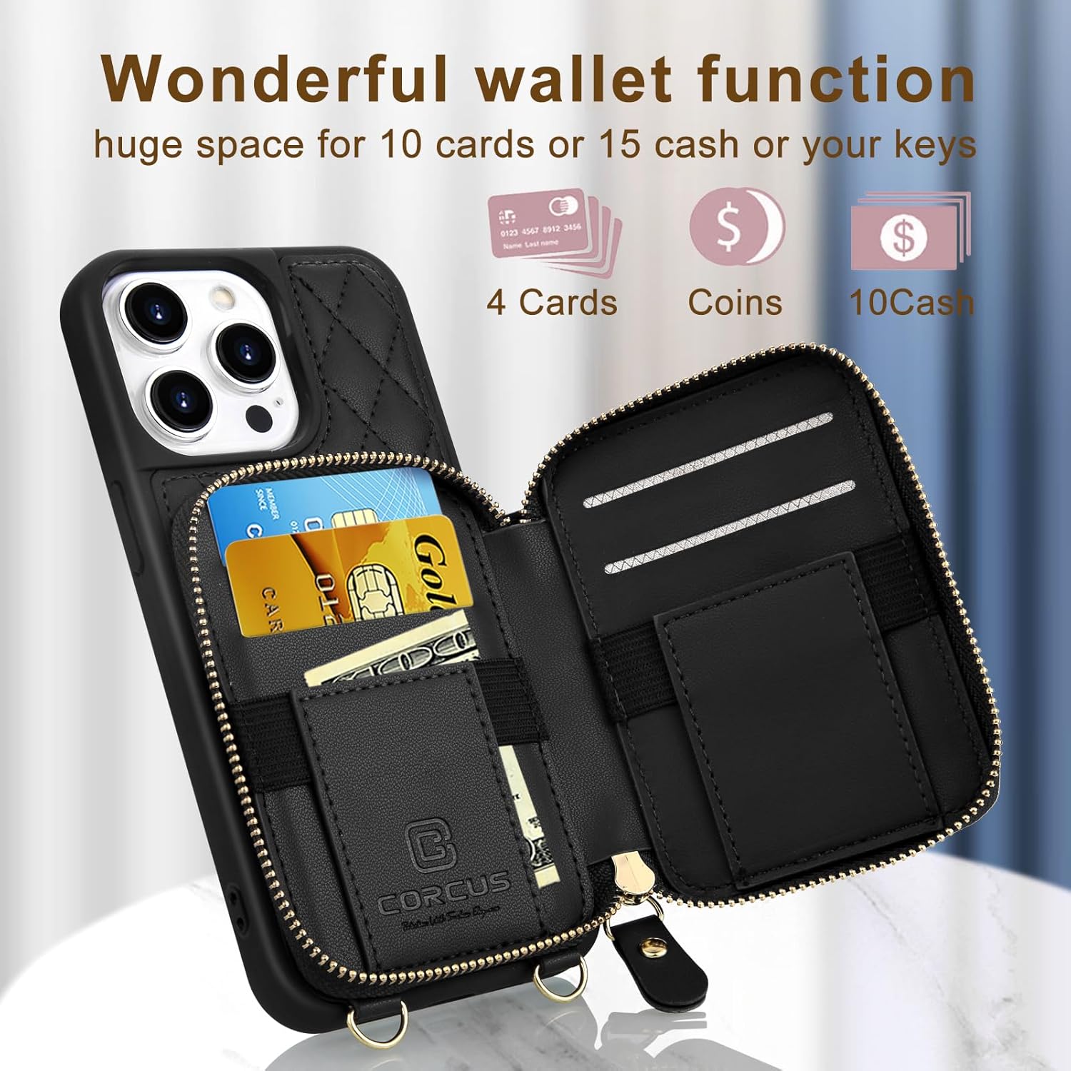 CORCUS Funda tipo cartera cruzada compatible con iPhone 15 Pro con correa de bloqueo RFID, cierre de cremallera, tarjetero de cuero acolchado para