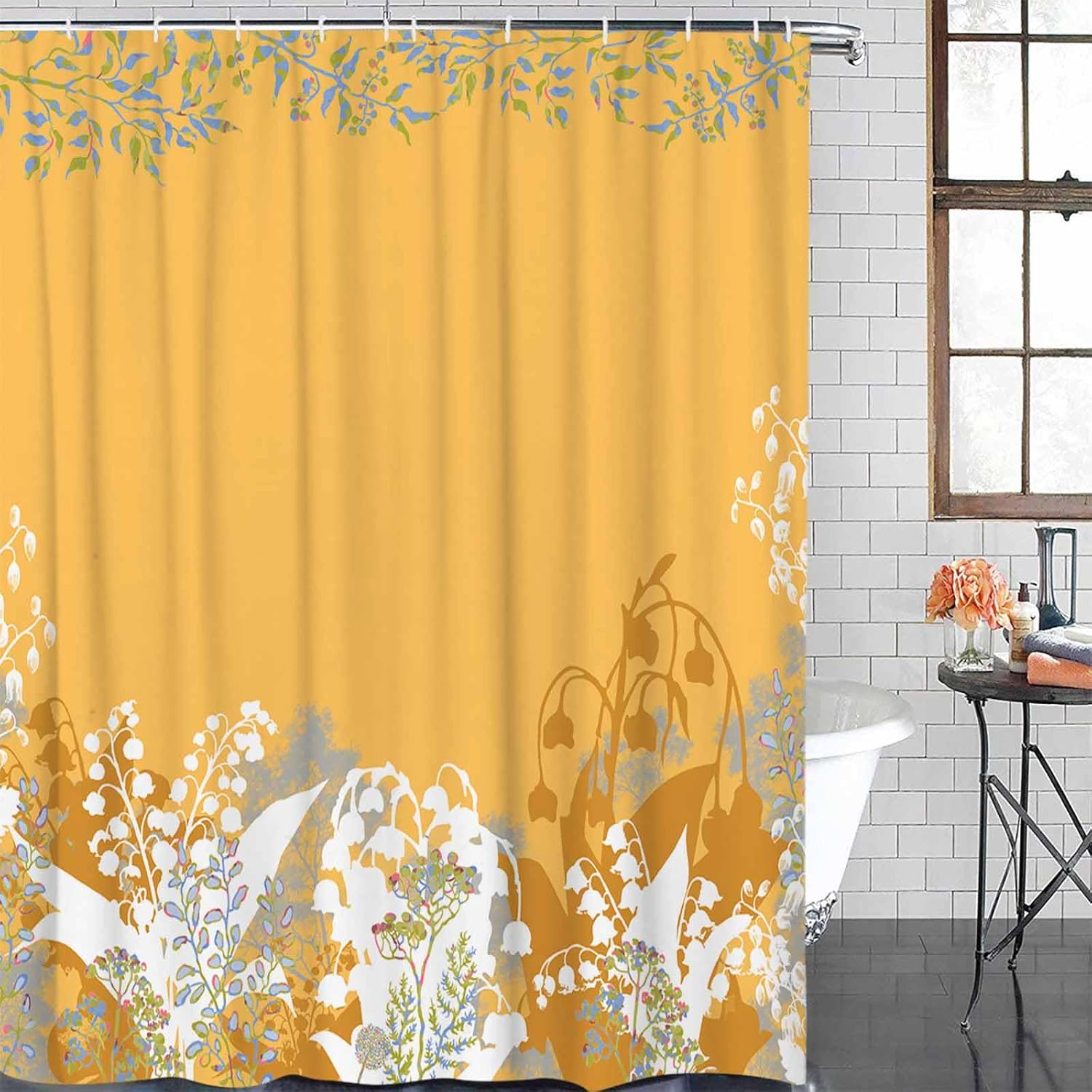 Shower Curtain Waterproof Shower Curtain for Bathroom,Bathtub,Shower, Orange Yellow Flower Floral Plant Beige Shower Curtain Set with Hooks for Home