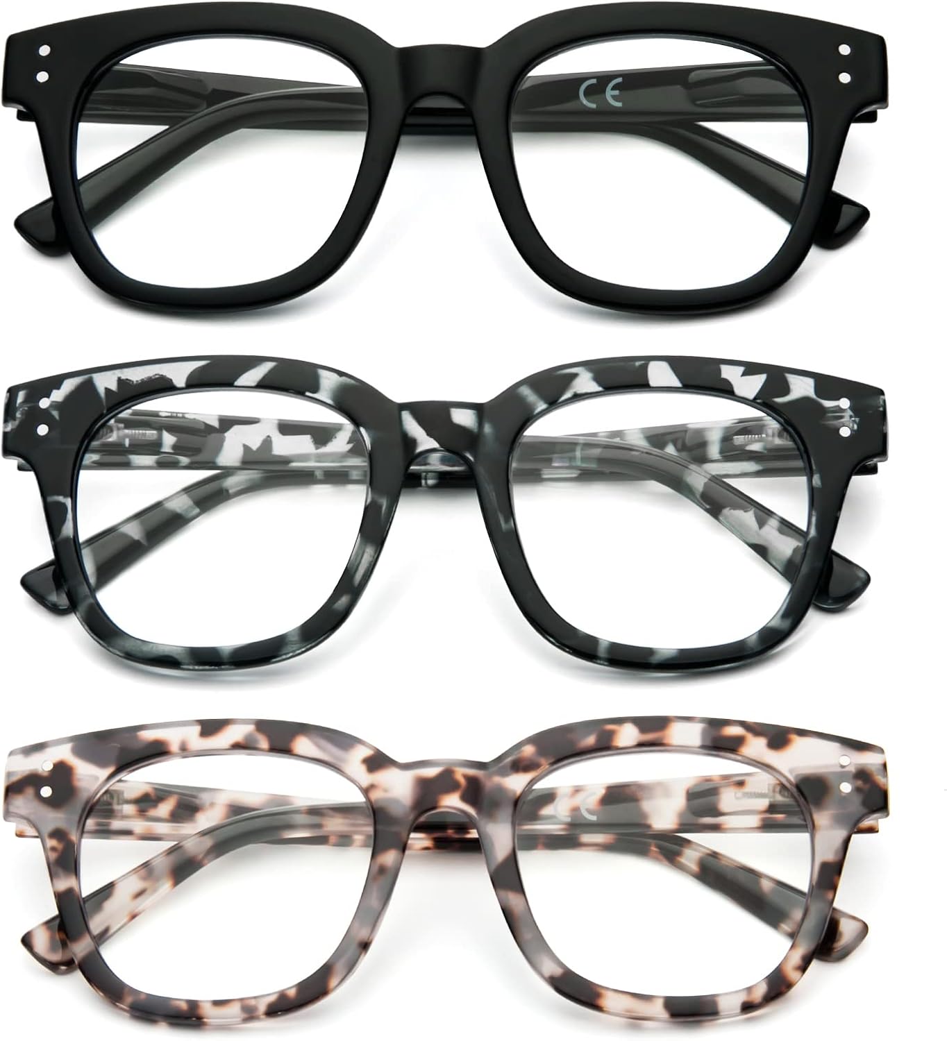 MMOWW Oversized Square Reading Glasses Fashion Cute Blue Light Blocking Computer Readers for Women 3 Pack