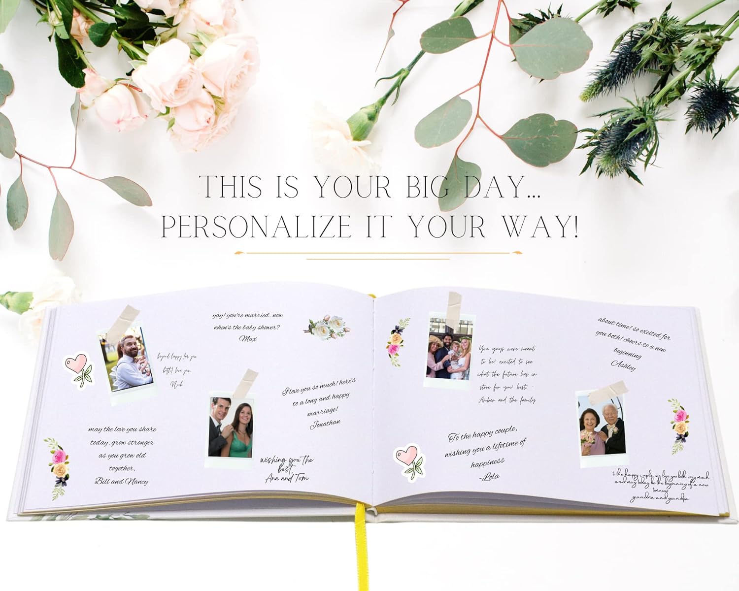 Libro de invitados de boda con bolígrafo y letrero para recepción con impresión de lámina dorada  9 x 7 pulgadas, 120 páginas de tapa dura Polaroid,