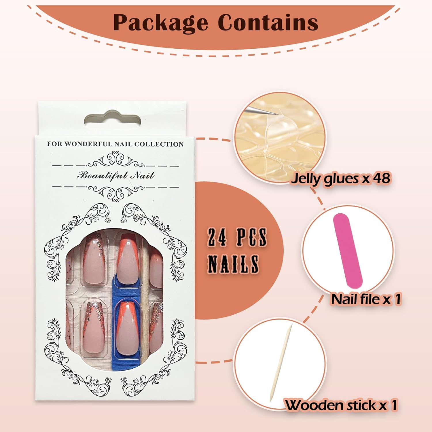 Uñas postizas de punta francesa a presión de ataúd medianas, color rosa nude, degradado, brillantina, diseños de acrílico, pegamento en las uñas