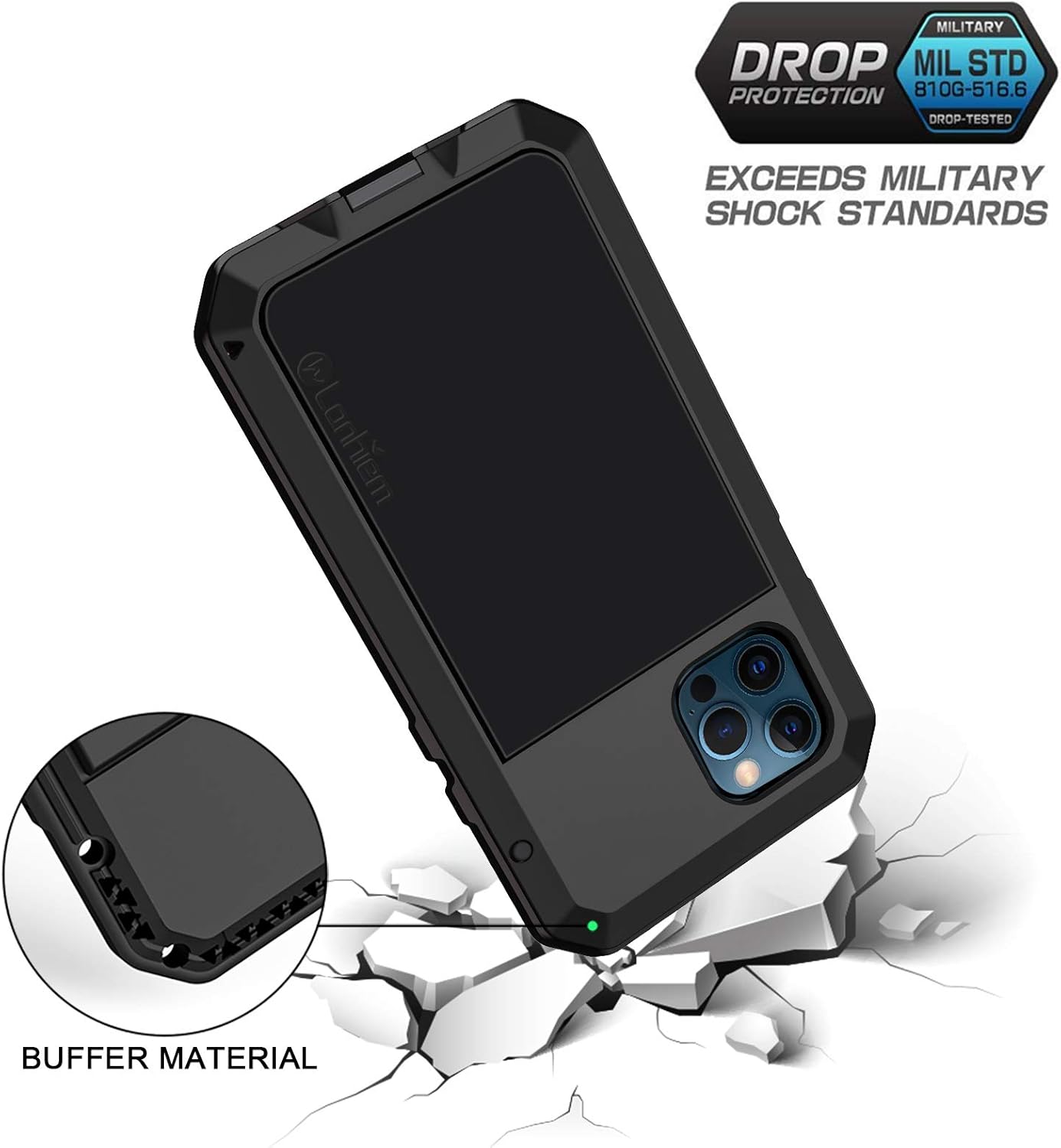 Lanhiem Funda de metal para iPhone 12, iPhone 12 Pro, resistente a los golpes, con protector de pantalla de vidrio integrado, funda protectora 360 a