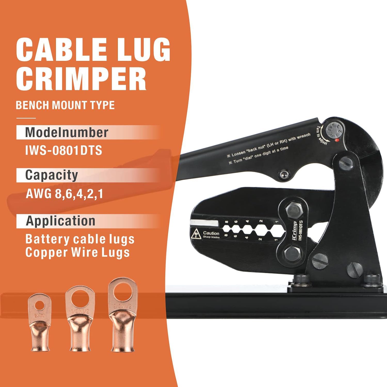 iCrimp – Herramienta de prensado para cable de batería, tipo de montaje en banco con cortador integrado para AWG 8, 6, 4, 2, 1