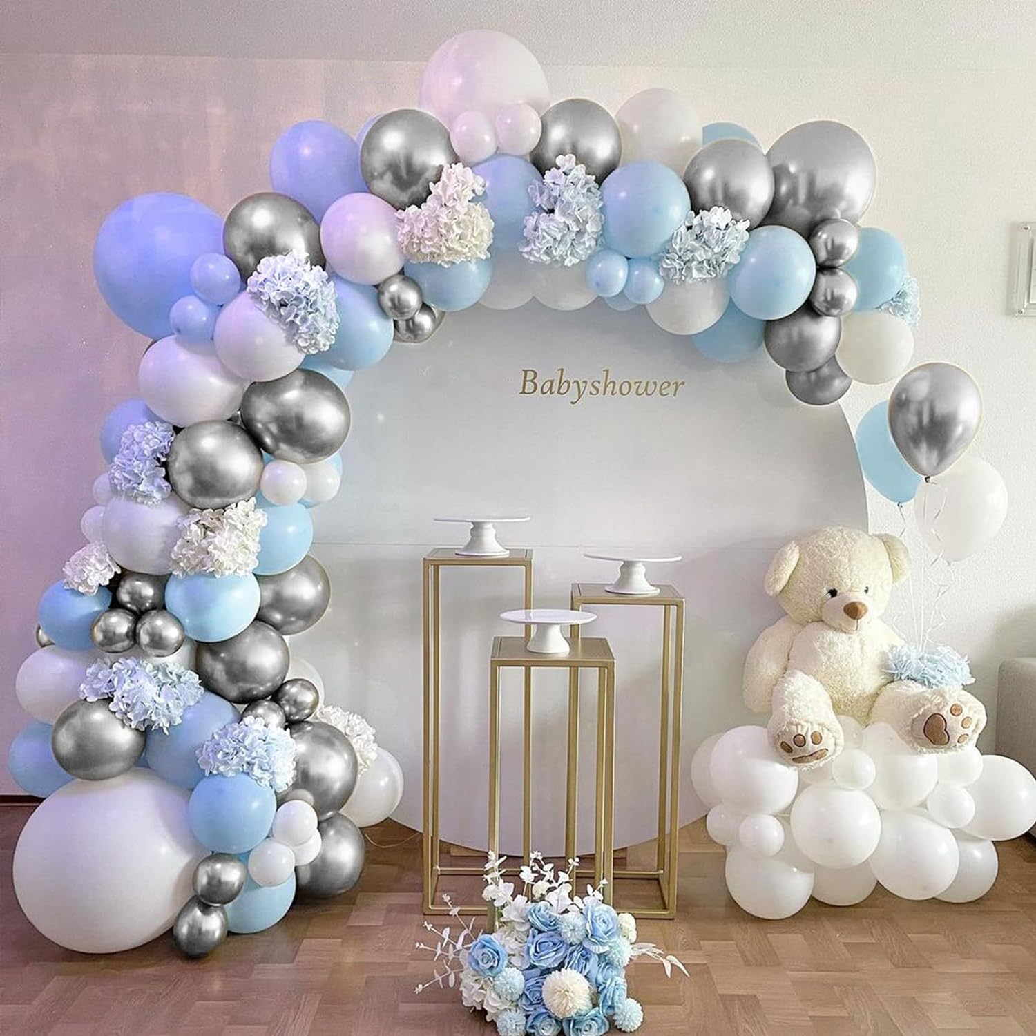 Kit de arco de globos azules y blancos para bebé, kit de guirnalda de globos azules, globos blancos y plateados para cumpleaños, despedida de