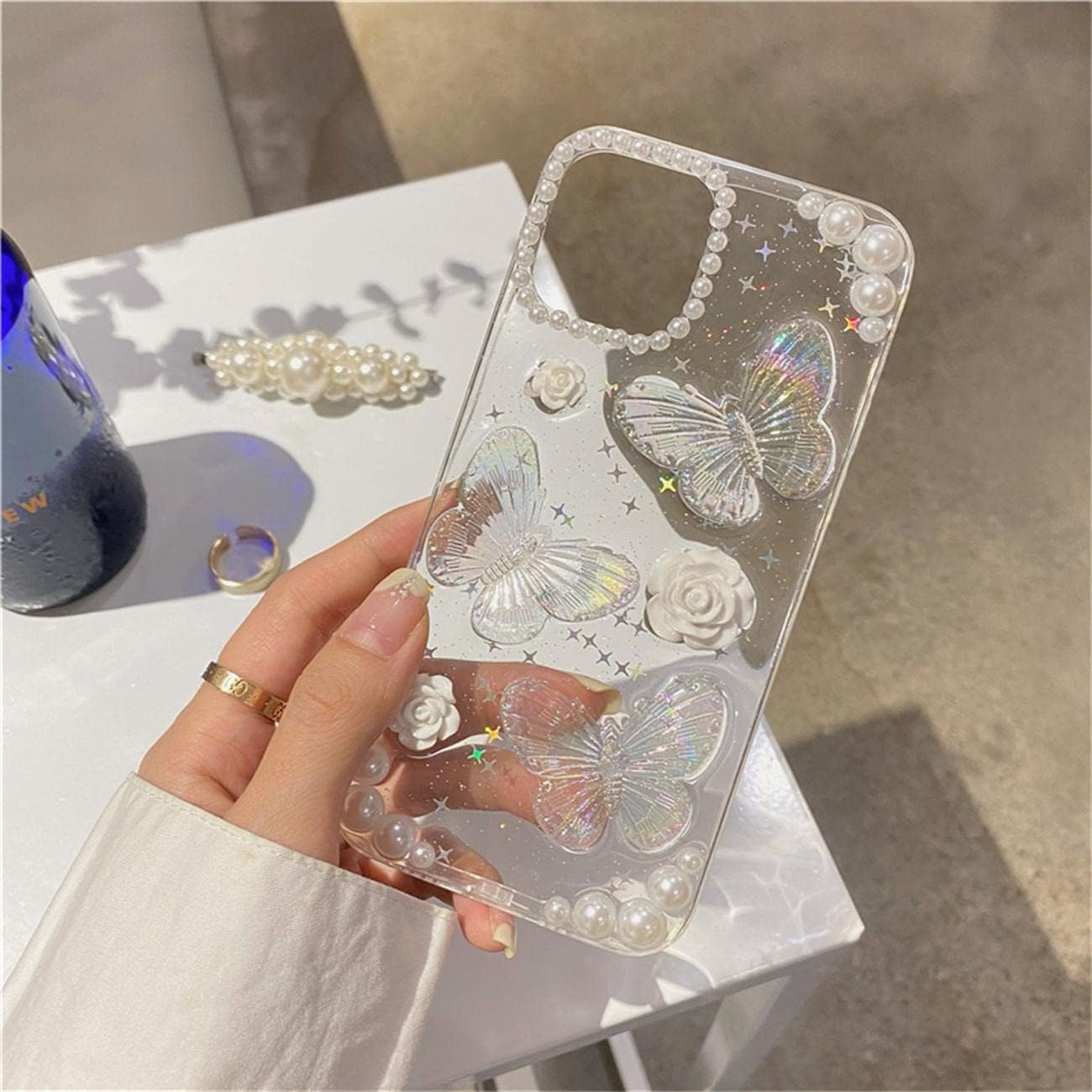 Fycyko Compatible con iPhone 15 Plus 3D Butterfly Floral Clear con diseño estético para mujeres, adolescentes y niñas, con purpurina, bonito