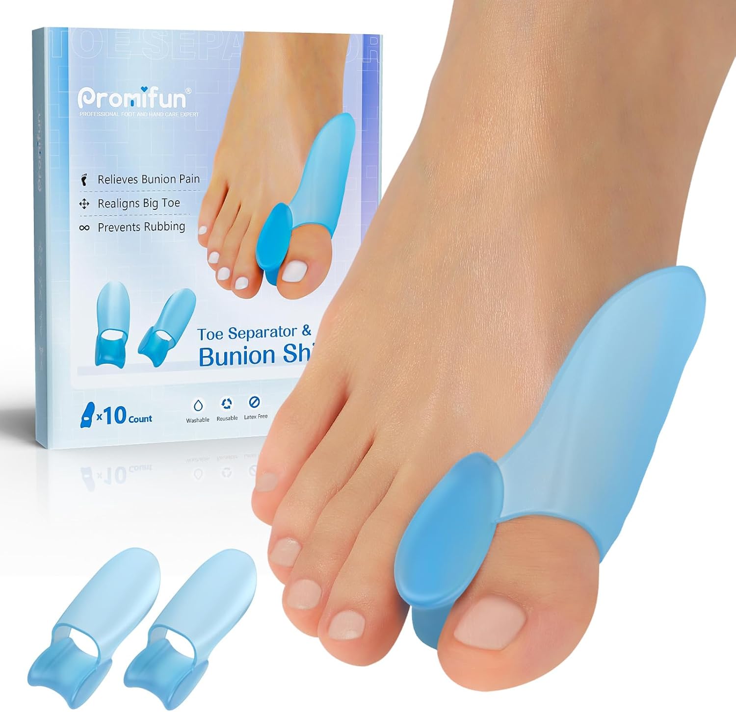 Promifun Protector de cojín para juanetes, paquete de 10 almohadillas correctoras de juanetes con separador para dedo gordo del pie, protector de