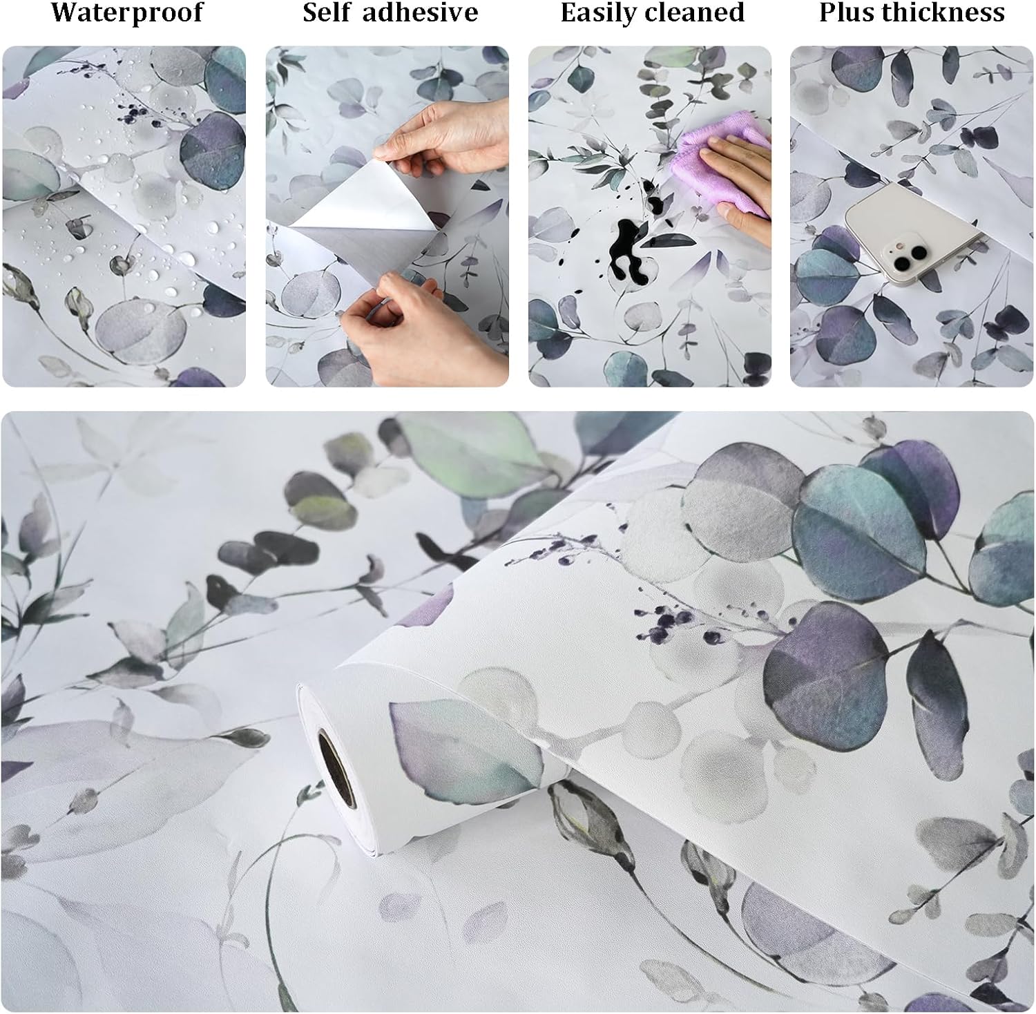 Laatse Papel tapiz adhesivo de hojas moradas de 17.5 x 393 pulgadas, papel tapiz autoadhesivo vintage, impermeable, revestimiento de pared de vinilo