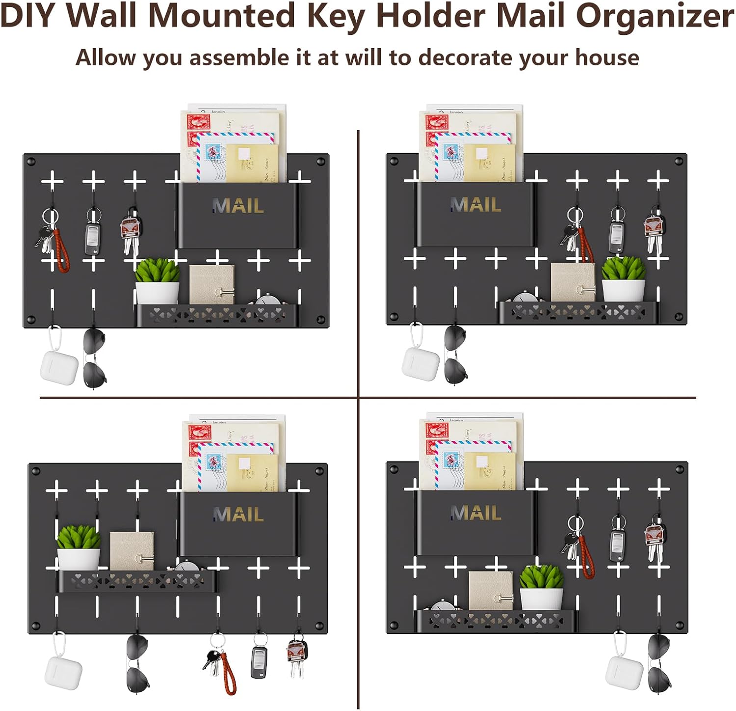 Soporte para llaves y correo para pared, organizador de correo de bricolaje con 5 ganchos para llaves, soporte decorativo colgante para llaves con