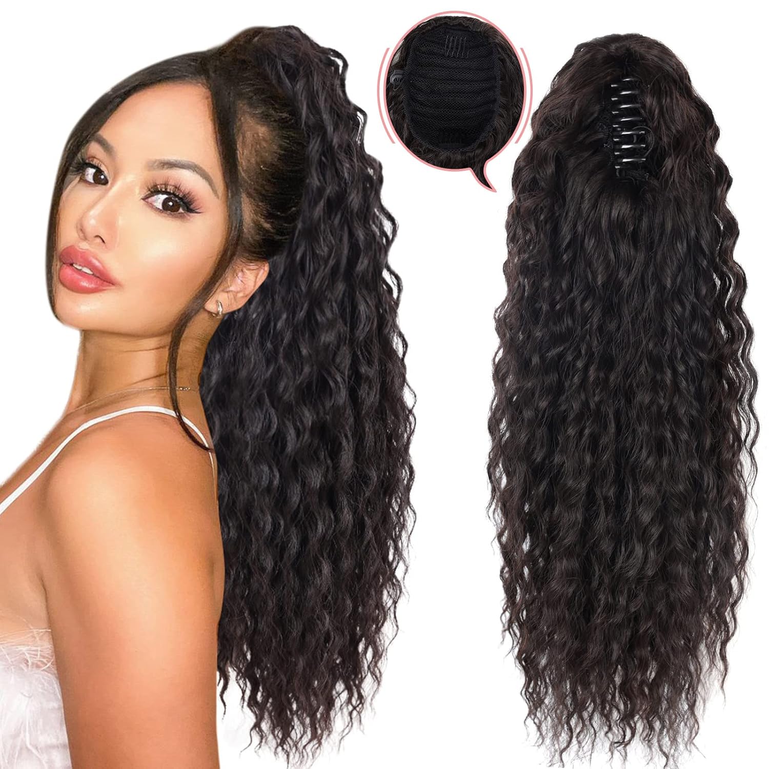 Cola de caballo rizada con cordón de 18 pulgadas con sensación de cola de caballo negra, extensiones de cabello corto con clip de garra, extensión