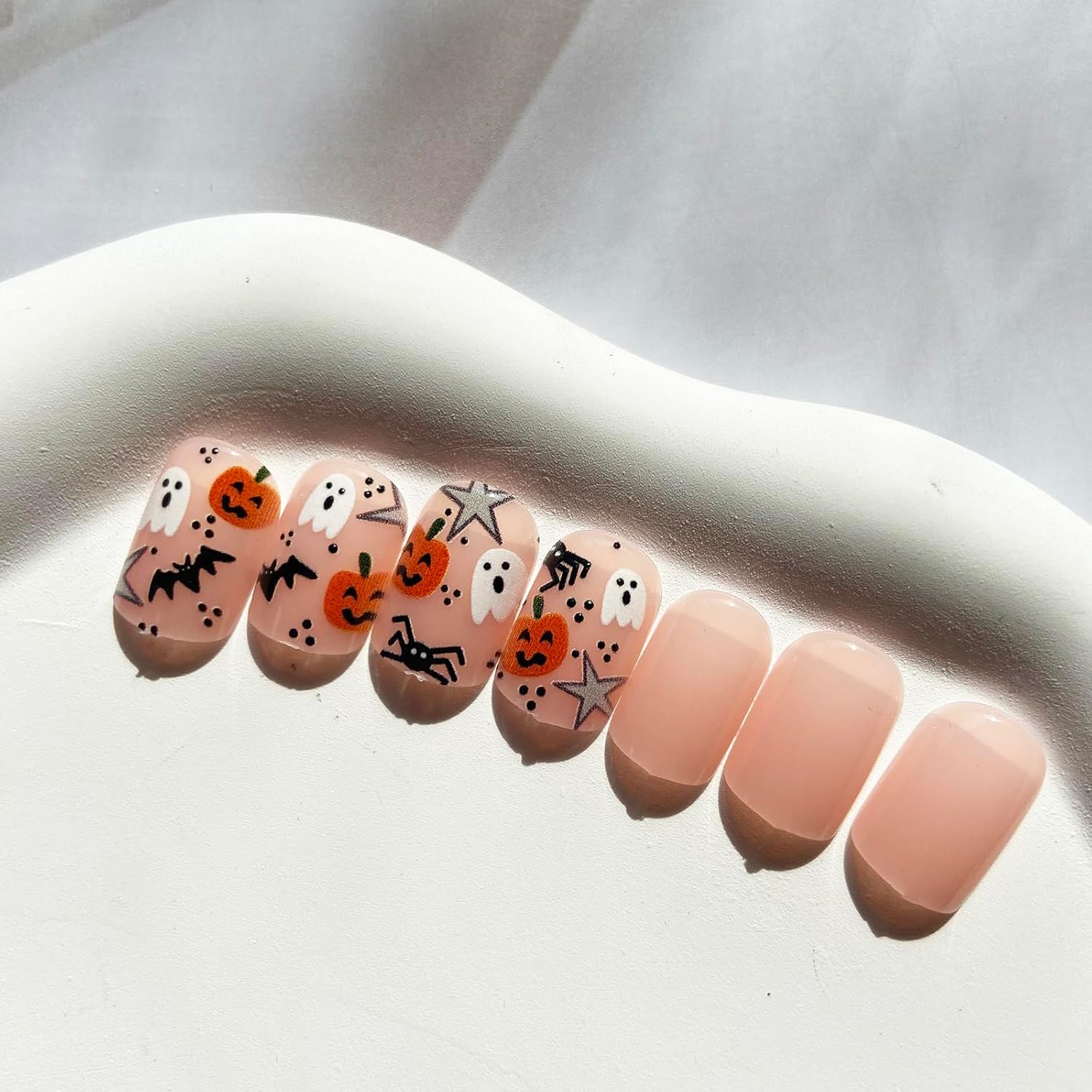 Uñas postizas de Halloween, uñas cortas a presión, uñas postizas cuadradas, fantasma, calabaza, araña, uñas acrílicas, uñas adhesivas brillantes de