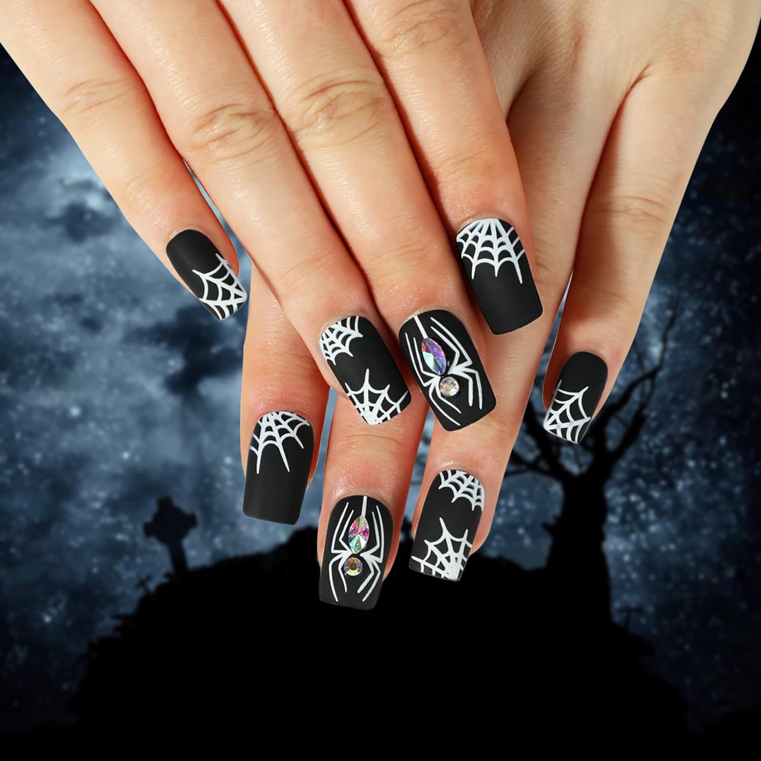 Uñas postizas a presión de Halloween, cuadradas, medianas, tela de araña blanca con uñas, diseño de diamantes de imitación, uñas adhesivas mate con