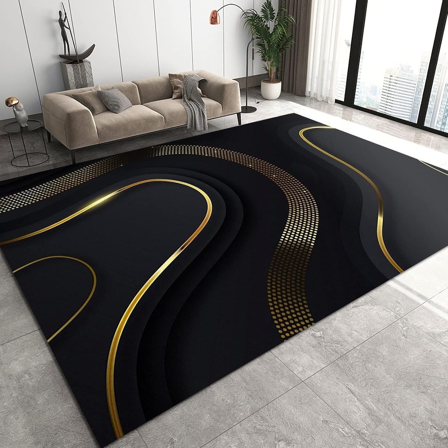 Alfombras doradas con diseño de lunares y fondo negro 3D, antideslizantes, lavables a máquina, transpirables, duraderas, para decoración de suelo de
