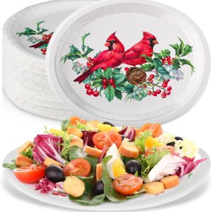 50 platos de papel ovalados de cardenal de Navidad de 10 x 12 pulgadas, platos de papel desechables de bayas de acebo, platos decorativos para cena, 50 platos de papel ovalados de cardenal de Navidad de 10 x 12 pulgadas, platos de papel desechables de bayas de acebo, platos decorativos para cena,