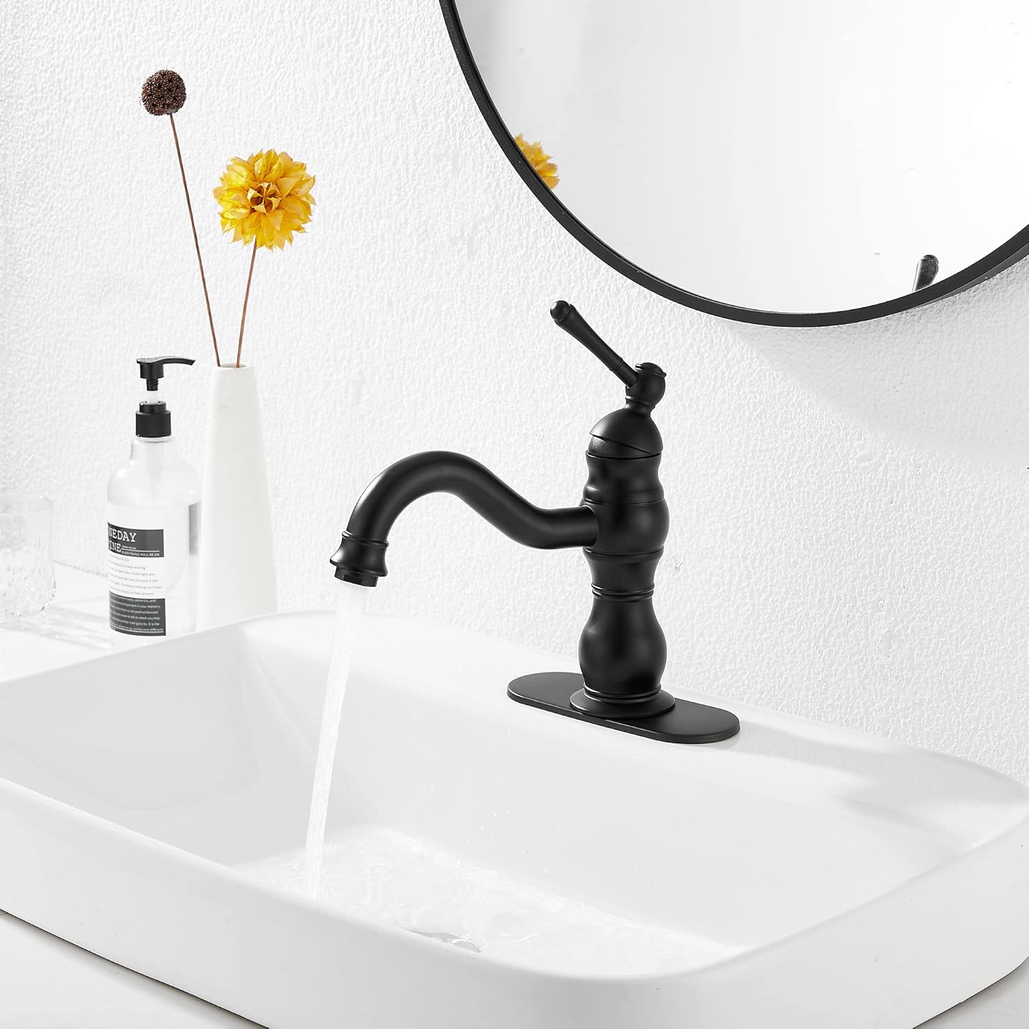 GGStudy – Grifo de baño negro mate giratorio de 360, grifo de tocador de baño de una sola manija, un agujero, grifo de lavabo de baño negro a juego