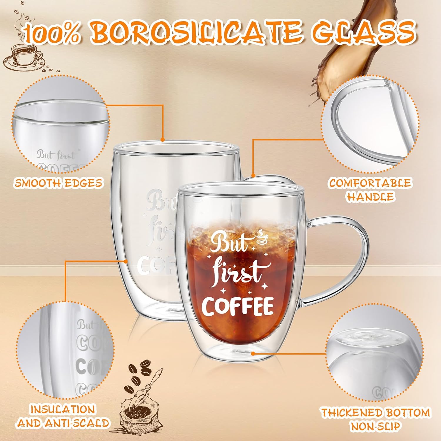 Yaomiao Paquete de 4 tazas de café transparentes con cuchara de 12 onzas, vasos aislados de doble pared con asa, resistentes al calor, té, vino,