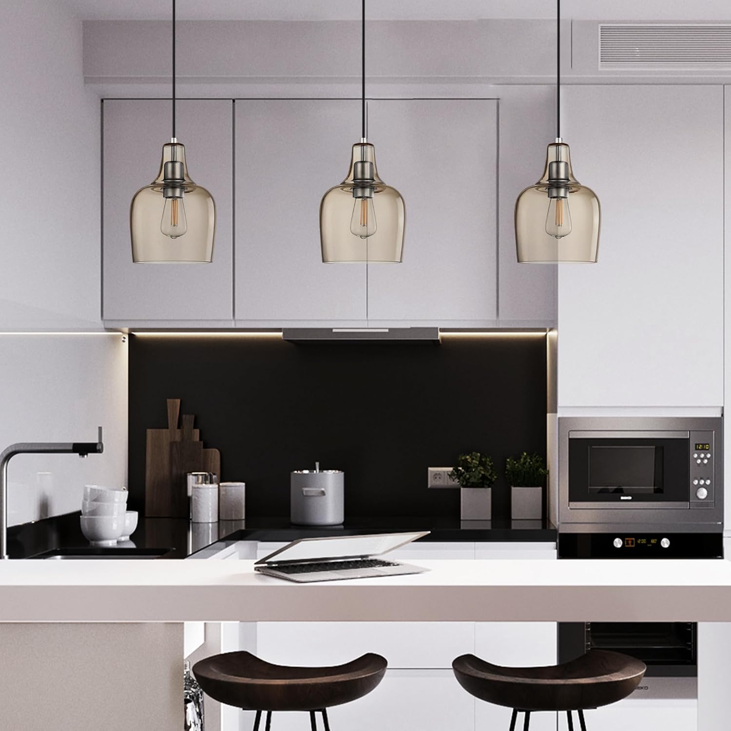 Paquete de 2 lámparas colgantes para isla de cocina para interiores, 6.1 pulgadas, lámpara colgante de cristal ámbar antiguo, accesorios de techo